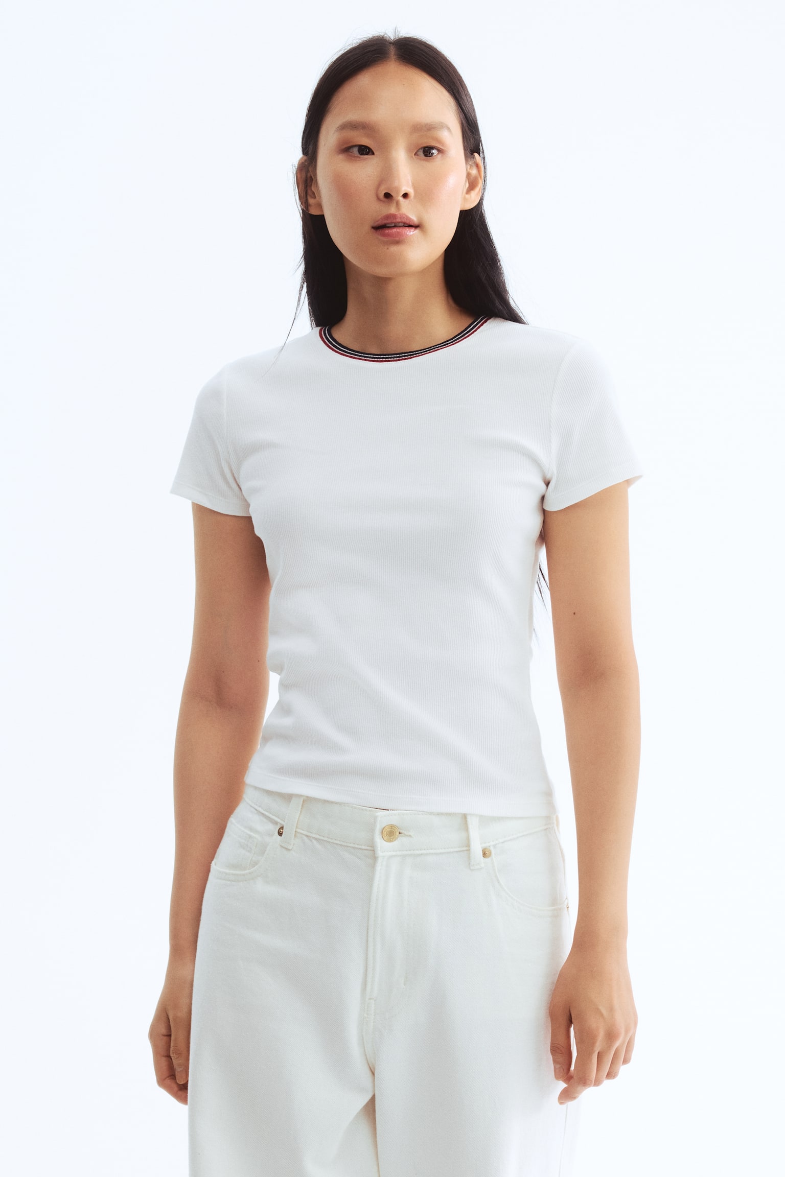 Áo thun dệt kim gân nổi - Màu trắng/Màu xanh tím than - 4