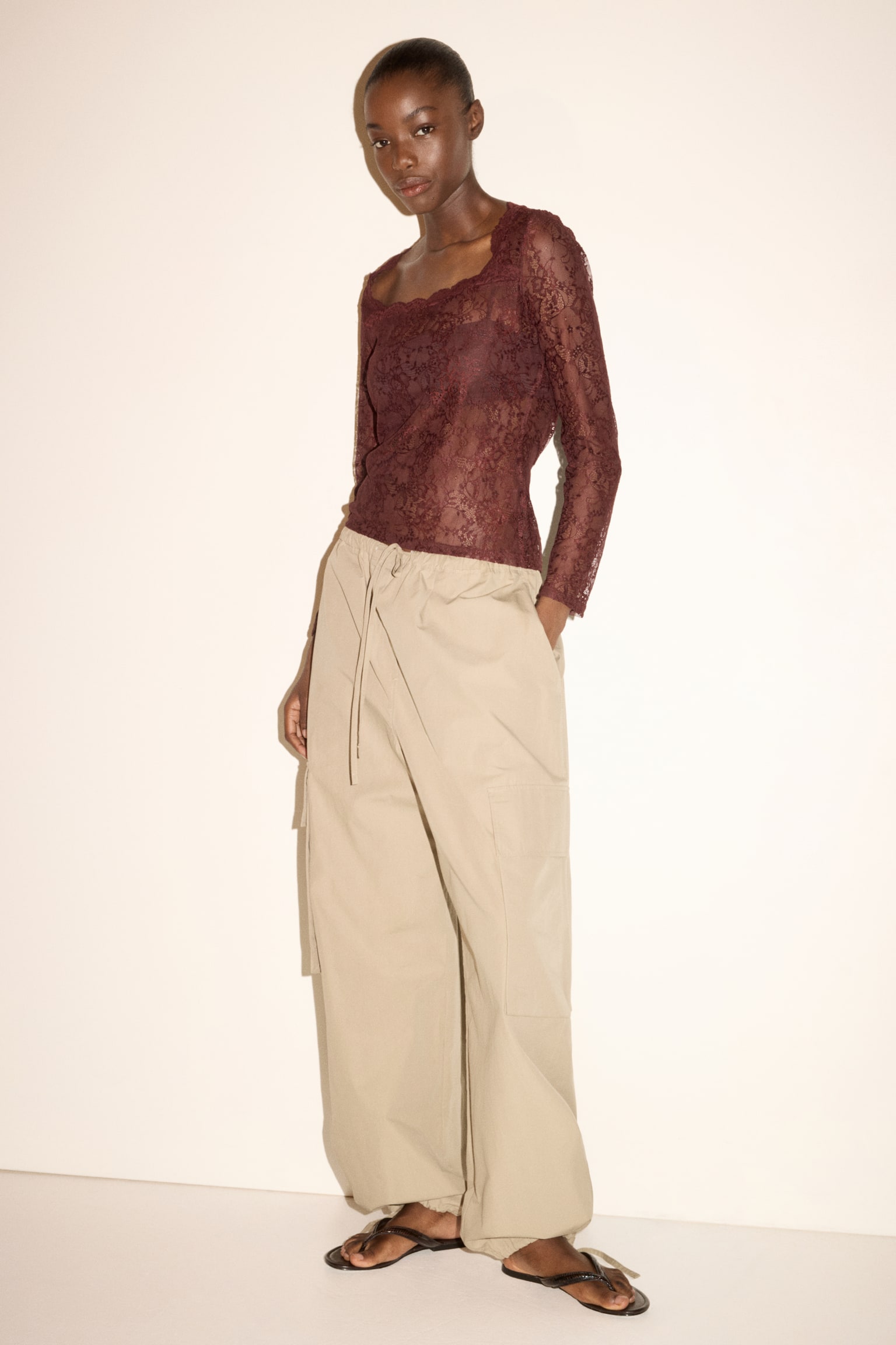Long-sleeved lace top - Dark red - 1