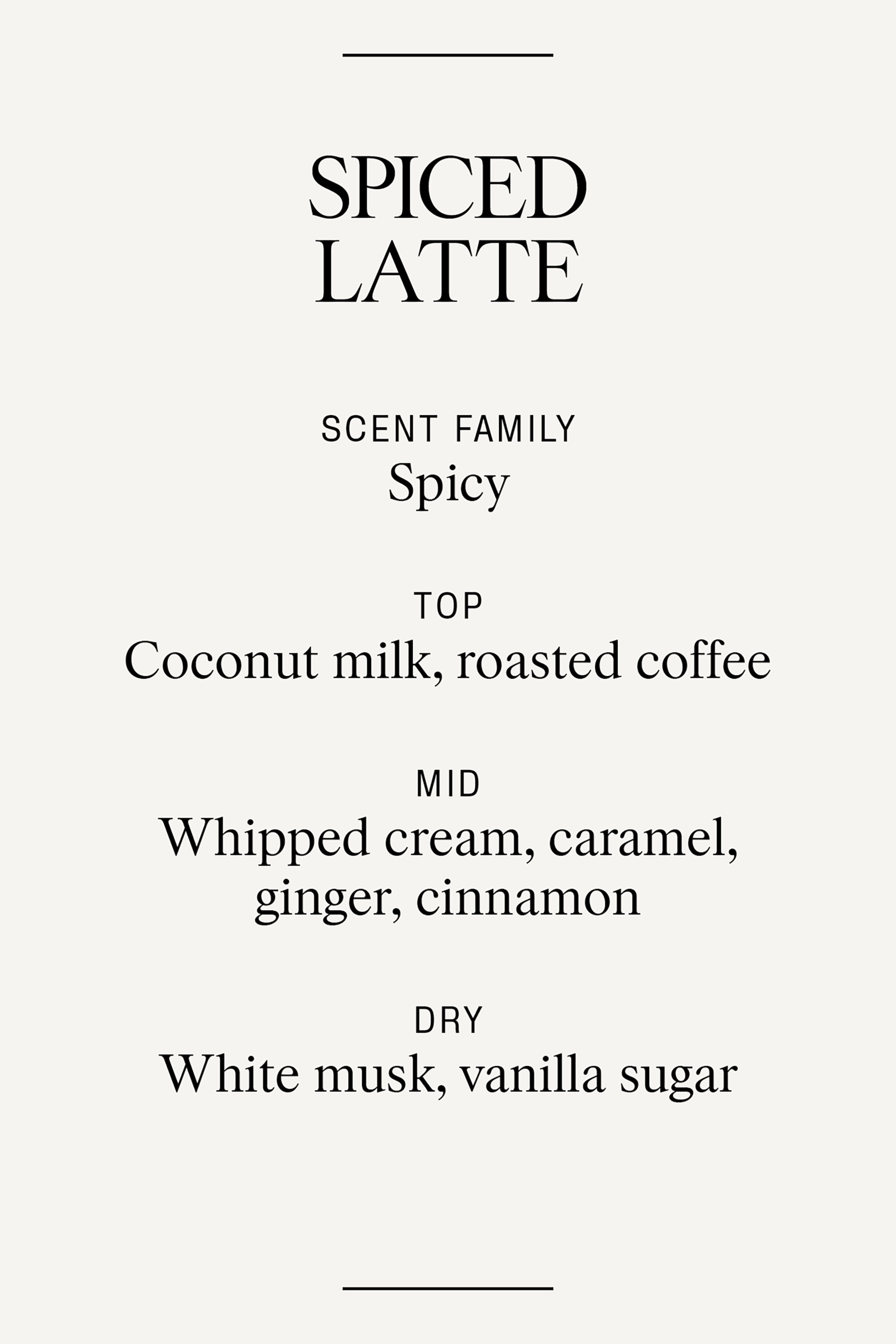 Agrandir l'image: Une description de texte pour un parfum 'Spiced Latte' présente son profil olfactif, encadré par des lignes horizontales, avec 'Épicé' comme famille olfactive. Il répertorie 'Lait de coco, café torréfié' comme notes de tête, 'Crème fouettée, caramel, gingembre, cannelle' comme notes de cœur, et 'Muscs blancs, sucre vanillé' comme notes de fond.