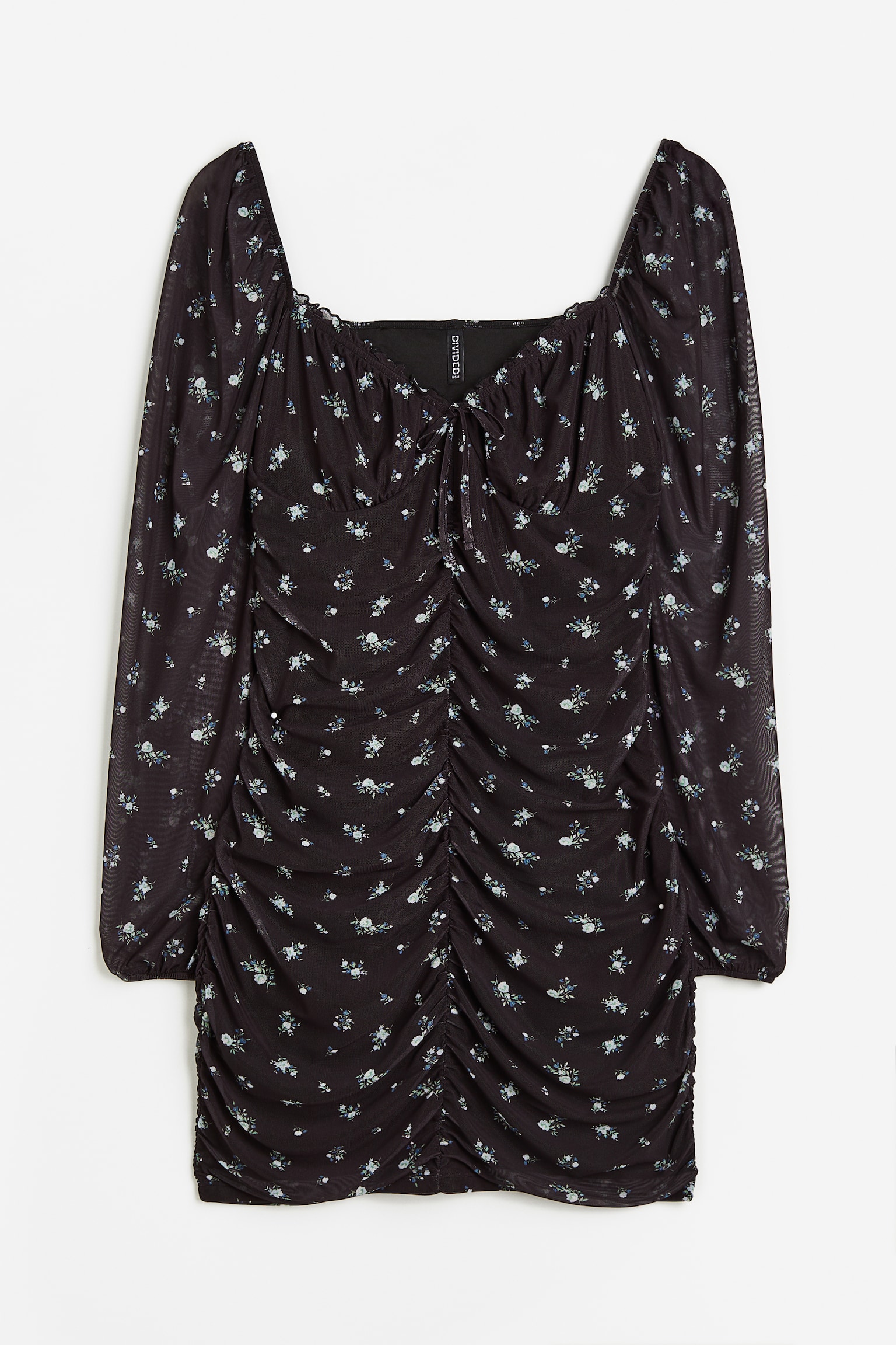 H&M+ Gathered Mesh Dress - Black/Floral - 1