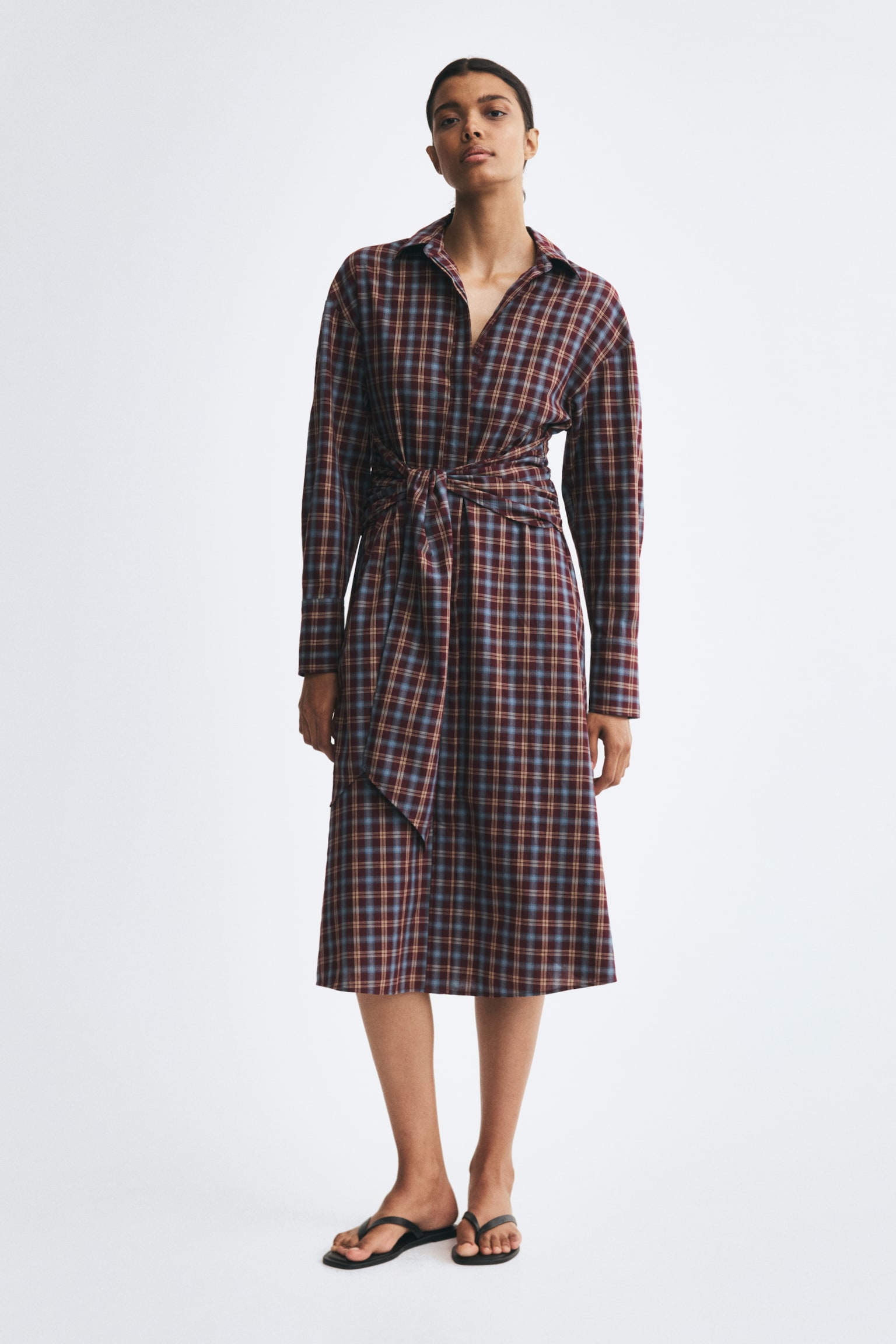 Женское платье H&M Tie-Detail Shirt Dress, цвет: Фиолетовый / Клетчатый — фото 3