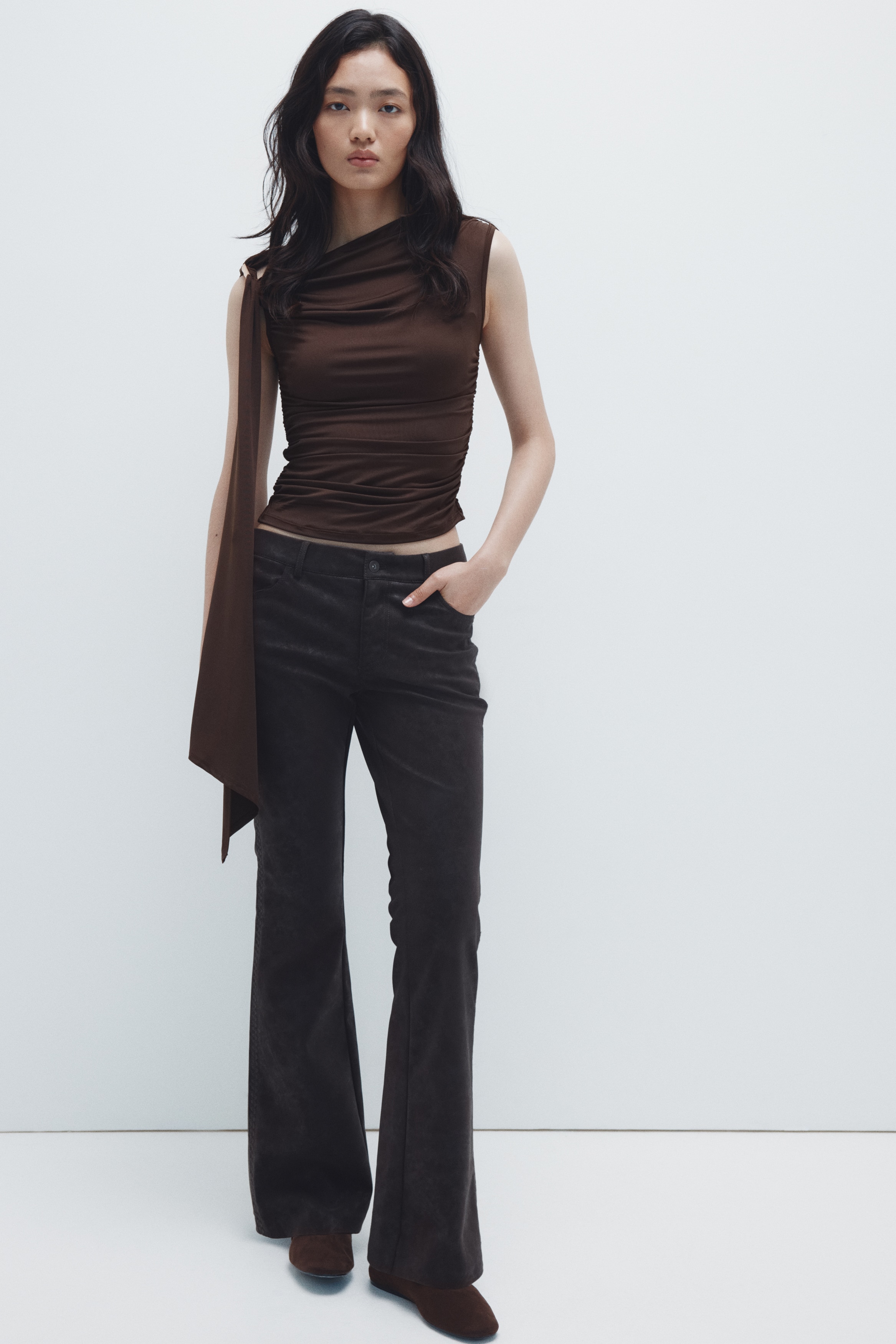 Ladies - Dark brown Draped cold-shoulder top - Size: L  - H&M