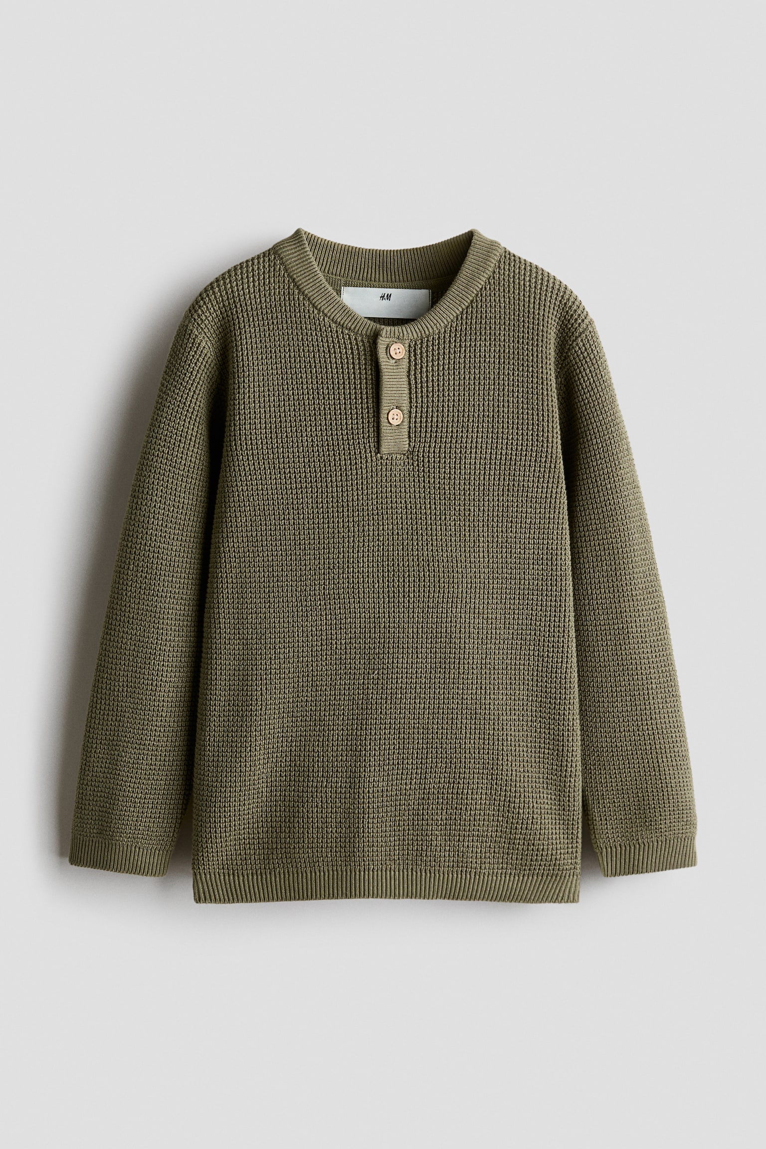 Waflowy sweter w stylu henley - Zieleń khaki/Ciemnobrązowy/N.Y.C/Jasnobeżowy/Paski/Zielony