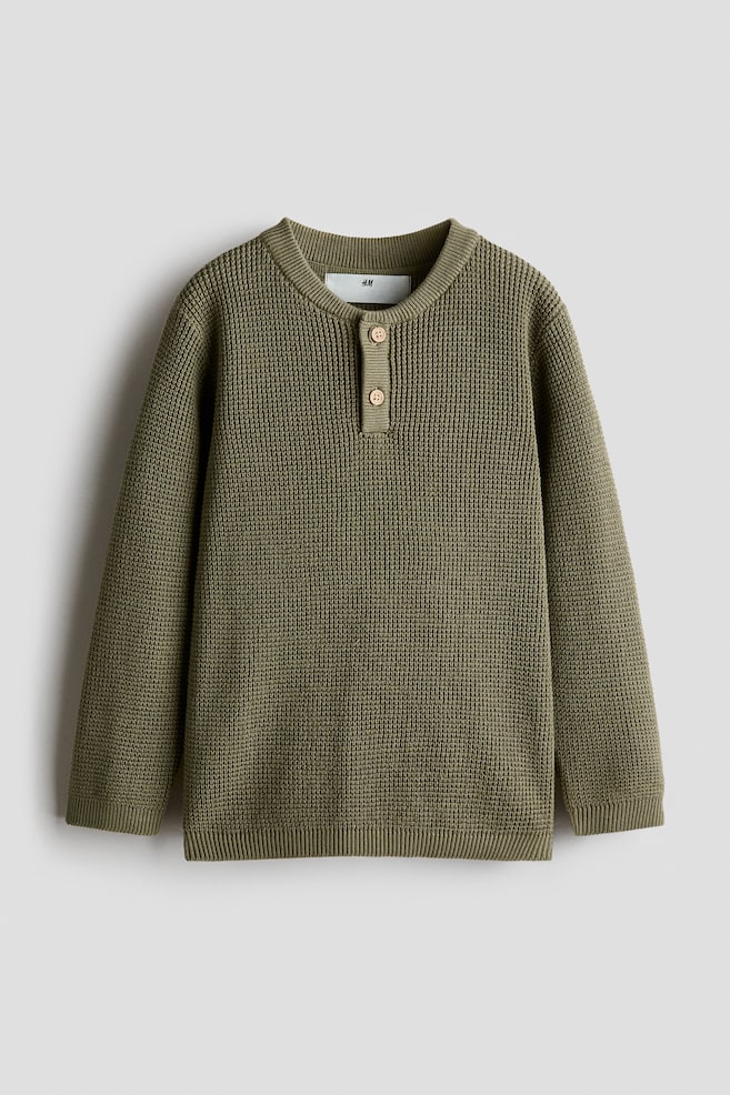 Waffle-knit Henley jumper - Khaki green/Light beige/Striped/Dark brown/N.Y.C - 1