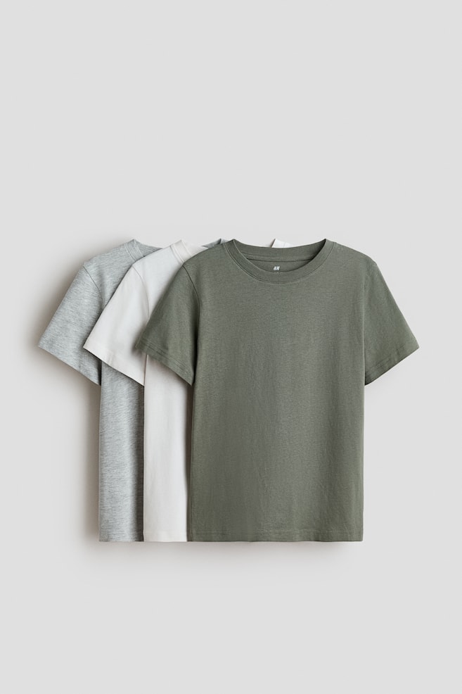 3-pack T-shirts - Khaki green/white/Light gray melange/striped/Black/taupe/white/Dusty blue/white/Light dusty pink/light beige/Light gray melange/navy blue - 1