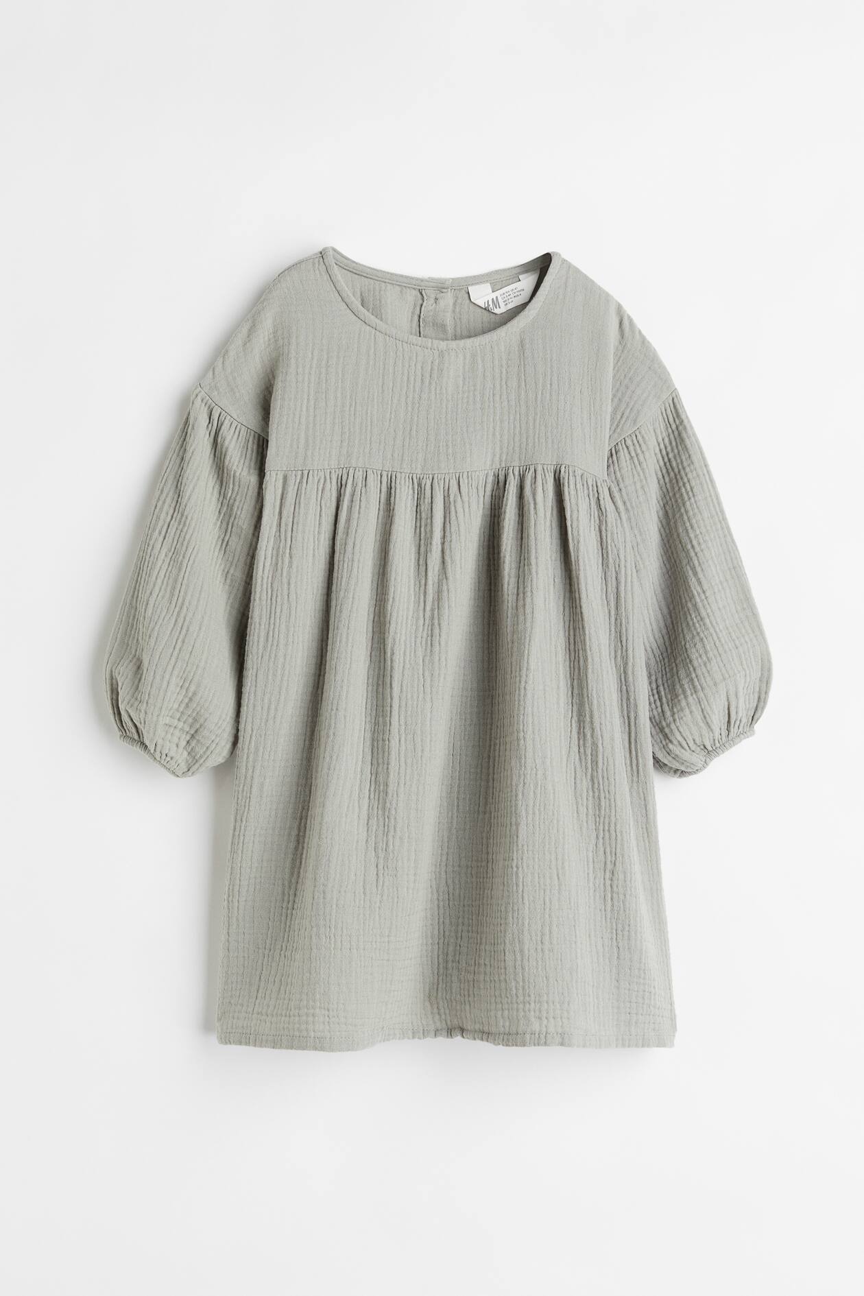 Cotton Dress - Round Neck - Long sleeve - Light gray-green - Kids | H&M US