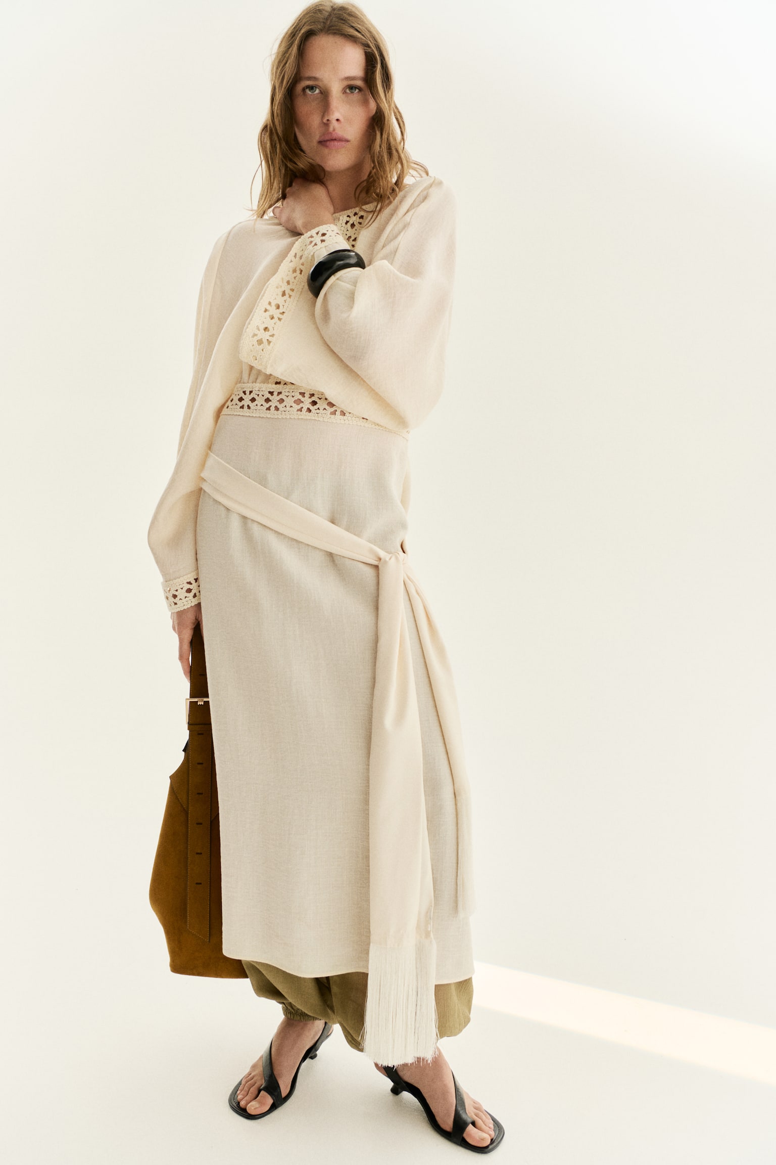 Crochet-look tunic dress - Light beige - 1