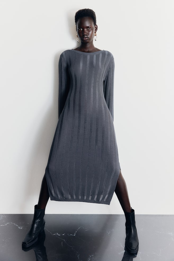 Strukturstrikket bodycon-kjole - Mørk grå/Sort/Lys gråbeige - 5
