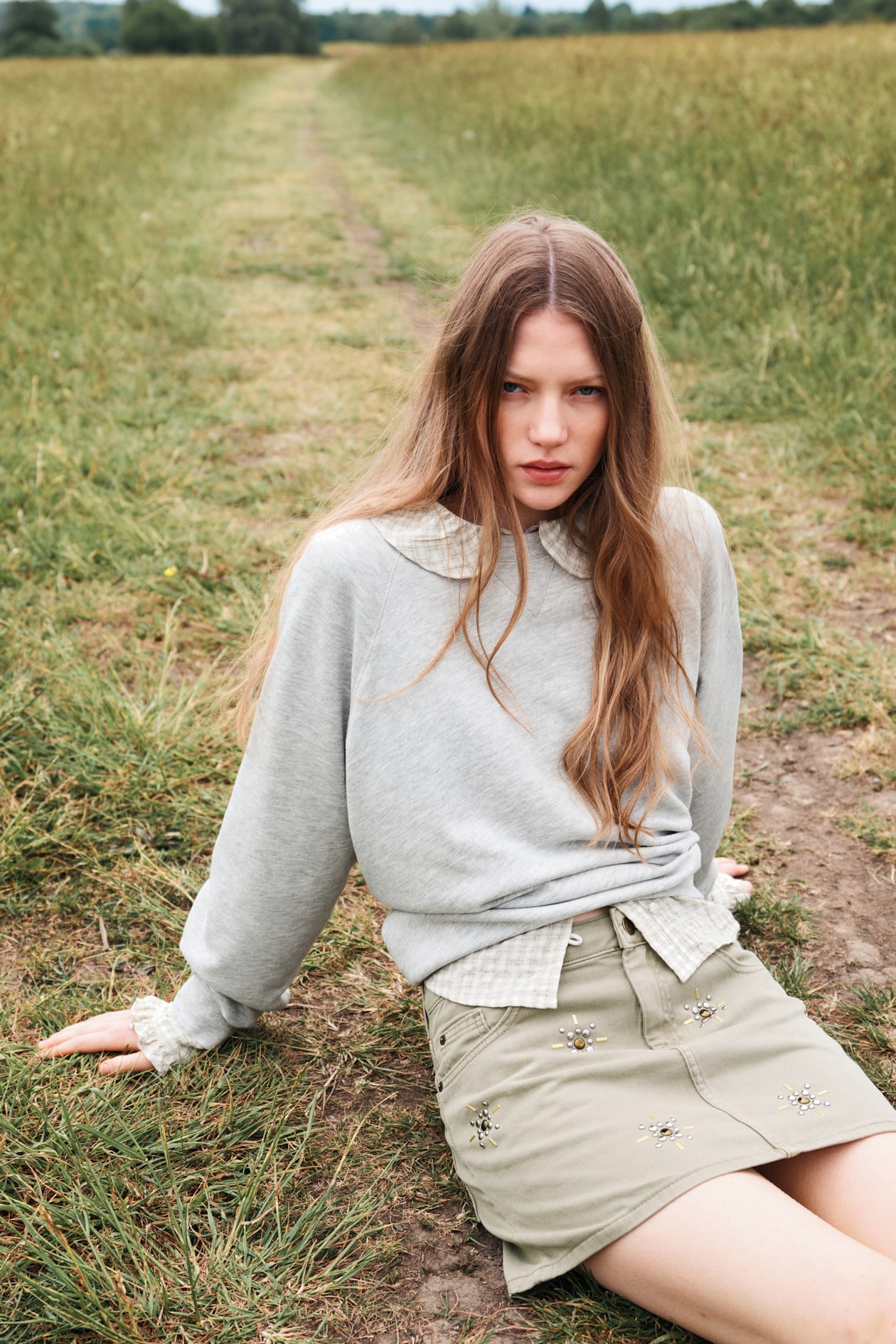 Denim mini skirt Light khaki green Ladies H&M IN - Main Image