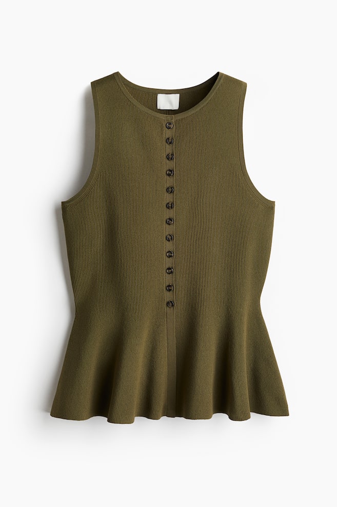 Rib-Knit Peplum Sleeveless Top - Dark khaki green/Black/Light yellow/Rust brown/Burgundy - 1