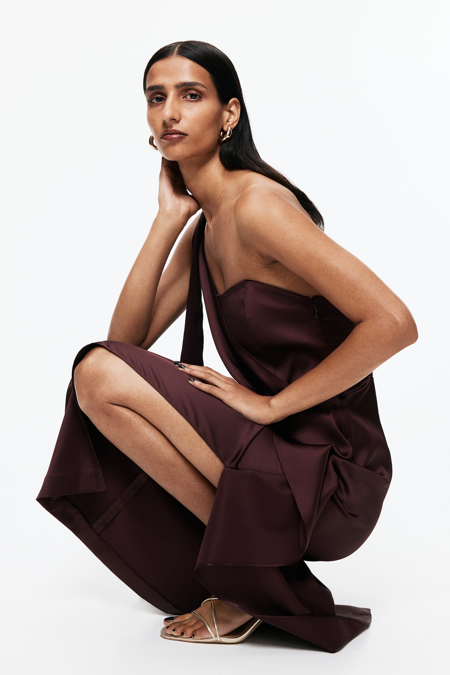 One-shoulder satin jumpsuit - Burgundy - 1