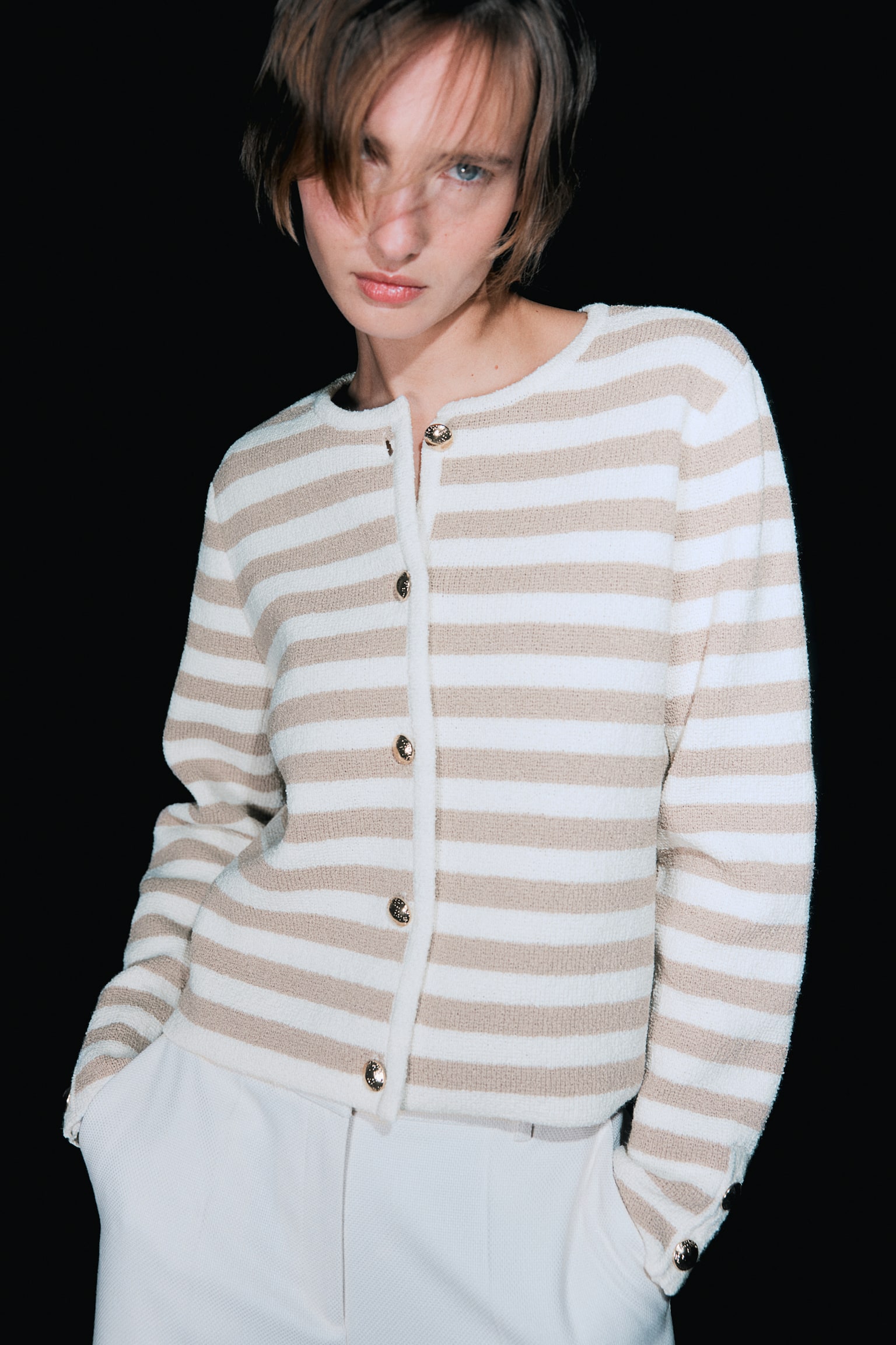 Knitted cardigan - White/Beige striped/Natural white/Striped/Black/Striped/Cream/Blue striped - 1