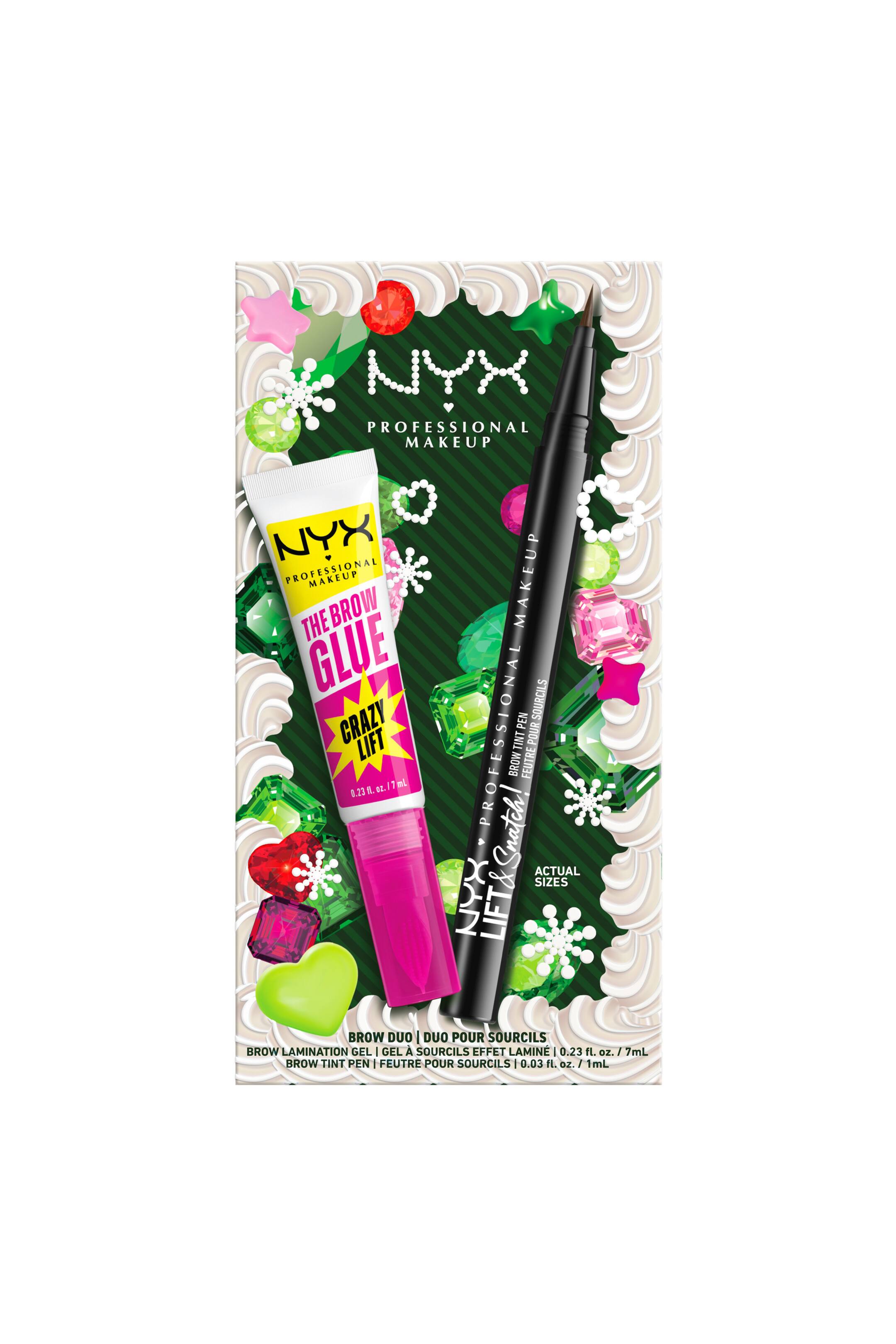 Visa större bild: NYX Professional Makeup Bling The Halls Brow Glue Duo visar en vit tub med brynlamineringsgel med ett genomskinligt rosa lock, tillsammans med en svart brynpenna utan lock. Båda produkterna ligger diagonalt på en dekorativ grön ask som är utsmyckad med vit glasyrliknande kant och illustrationer av färgglada ädelstenar.