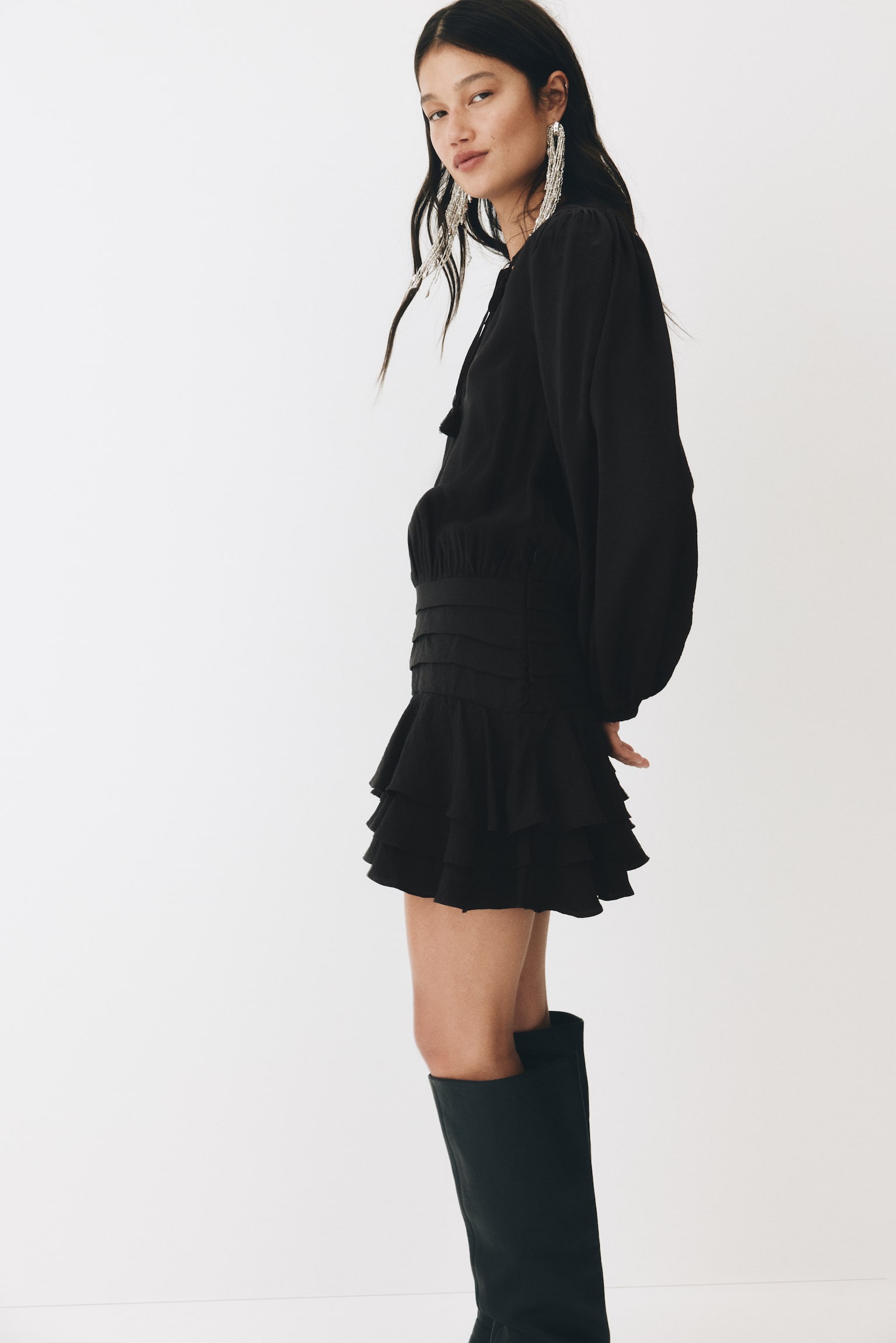 Tiered-skirt dress - Dark grey/White - 6