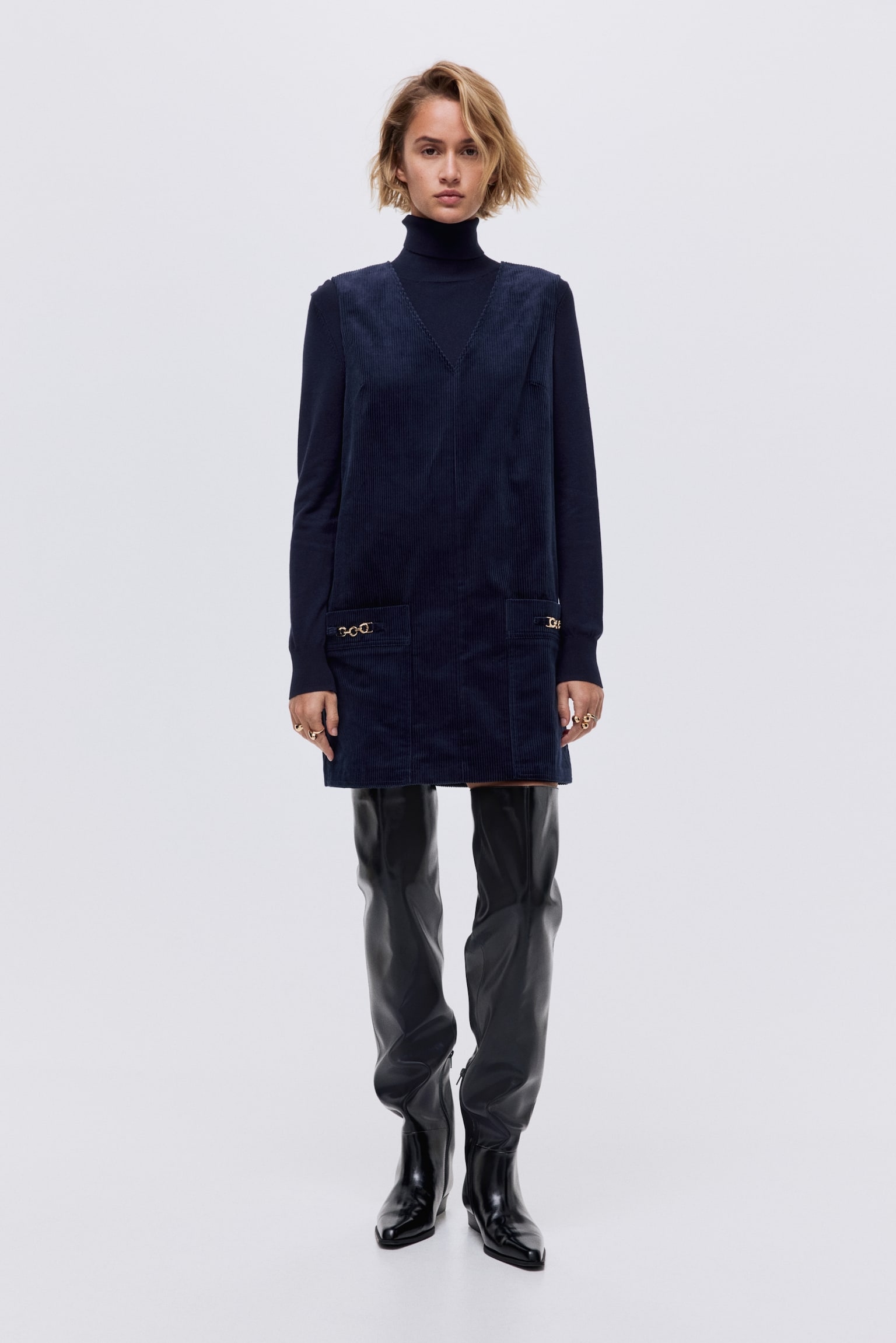 Rochie minimalistă din catifea reiată - Bleumarin - 6