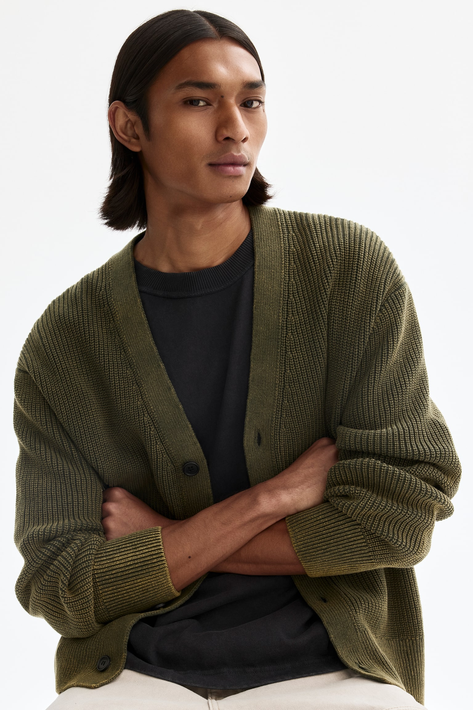 Relaxed Fit Rib-knit cotton cardigan - Dark khaki green/Light blue - 1