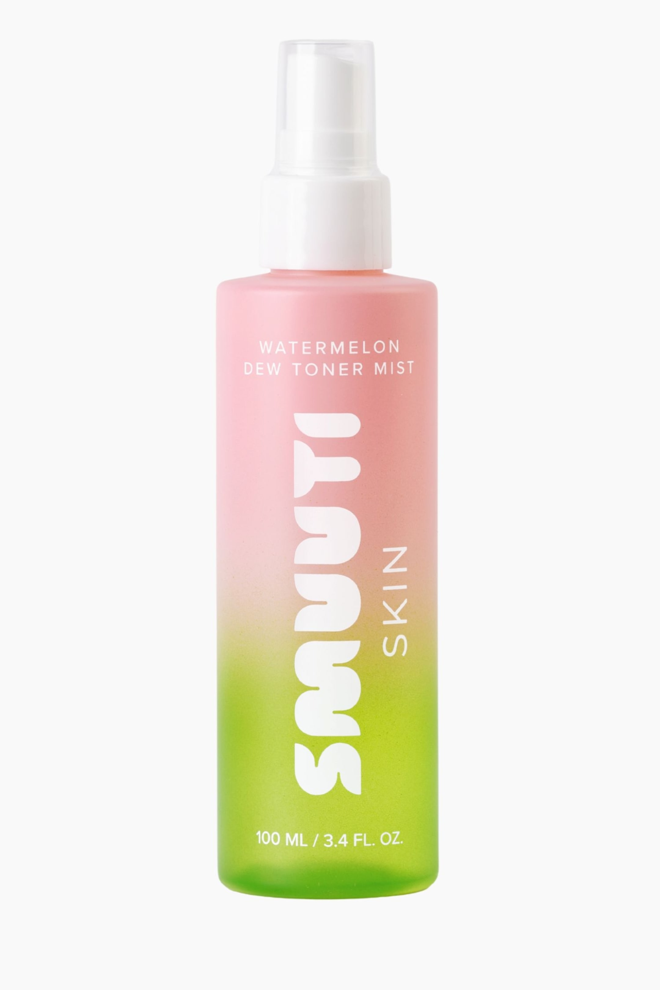Visa större bild: En framifrån-vy visar en cylindrisk sprayflaska med en rosa-till-grön gradientdesign. Flaskan har vit text som lyder "Watermelon Dew Toner Mist" och "Smuuti Skin" och är försedd med ett vitt spraymunstycke och en genomskinlig kork.