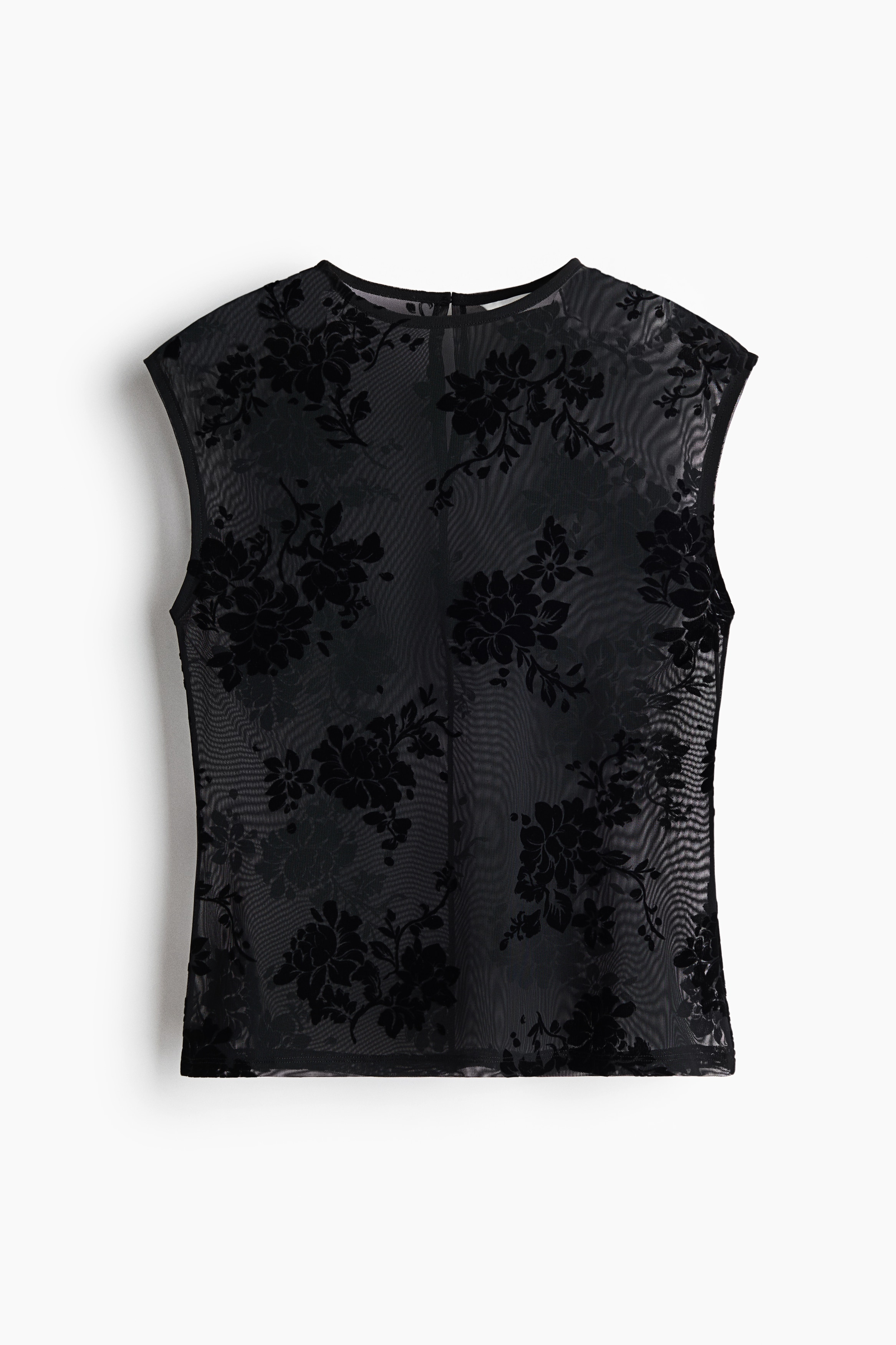 Mesh-Top mit Flockmuster - Schwarz