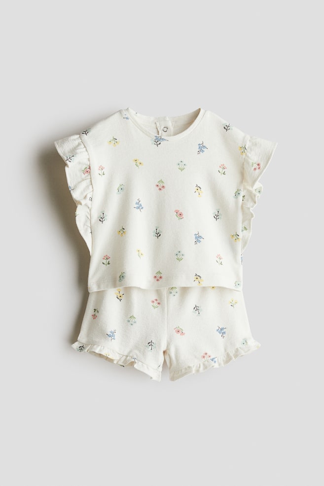 Tweedelige badstof set met print - Wit/bloemen - 1