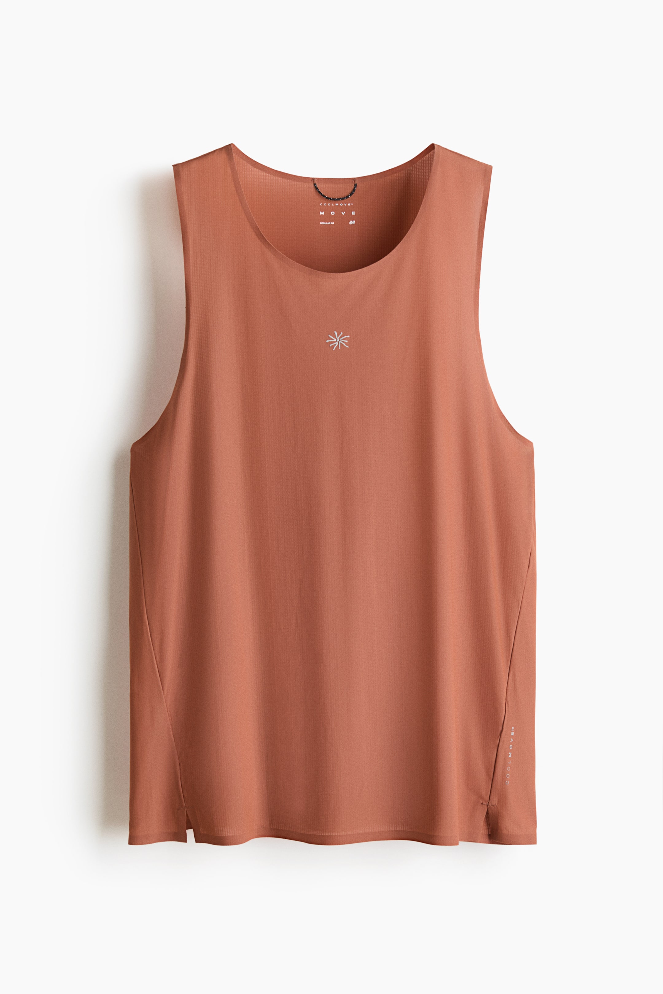 View larger image: A rust orange sleeveless tank top is showcasing its front, highlighting a subtle vertical textured fabric, a round neckline, and wide armholes. It features a small white star-like logo embroidered on the chest, with side slits at the hem and 'COOLMOVE' text vertically printed on the lower right side.