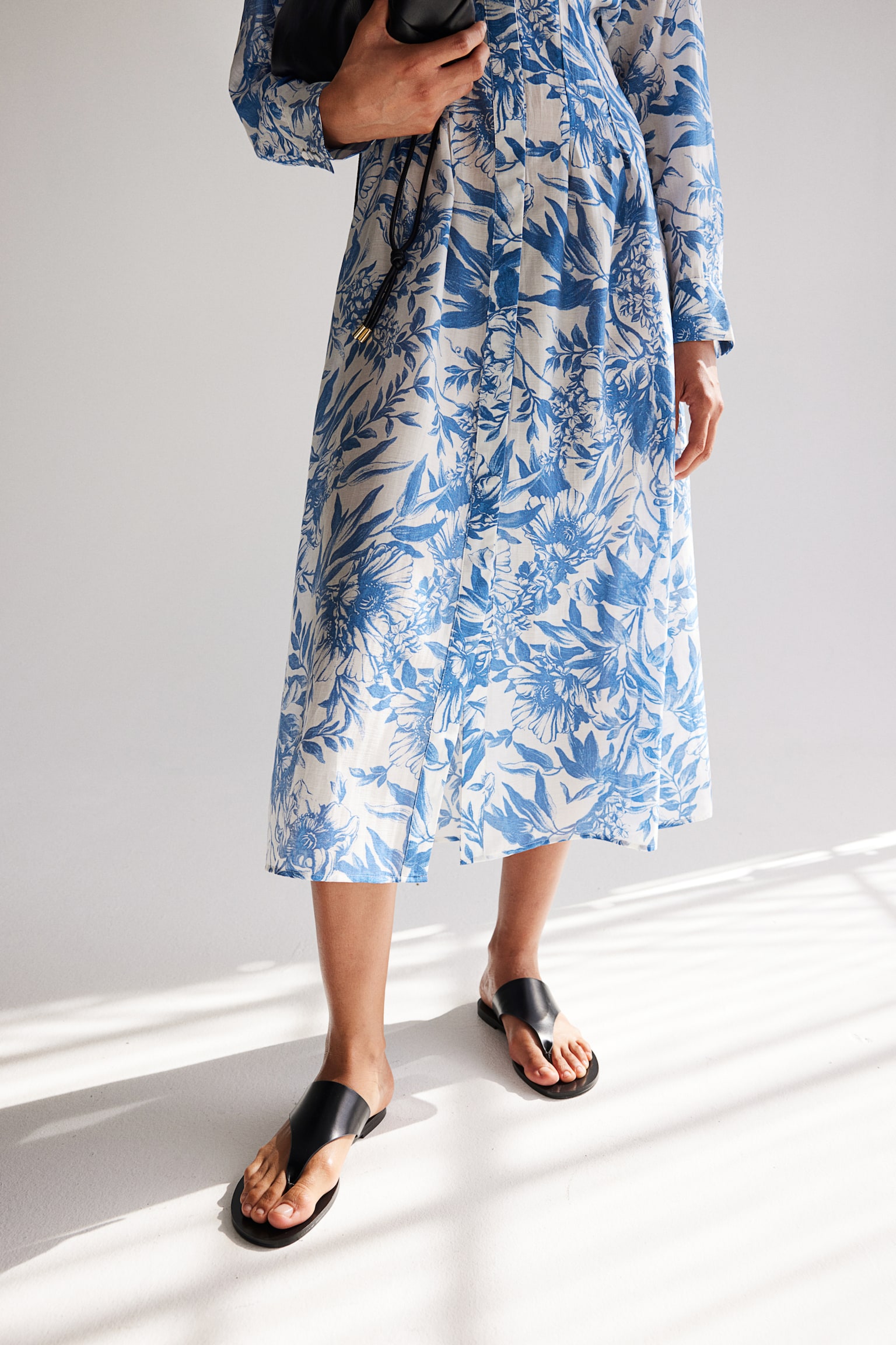 Tie Belt Shirt Dress - White/Blue floral - 6