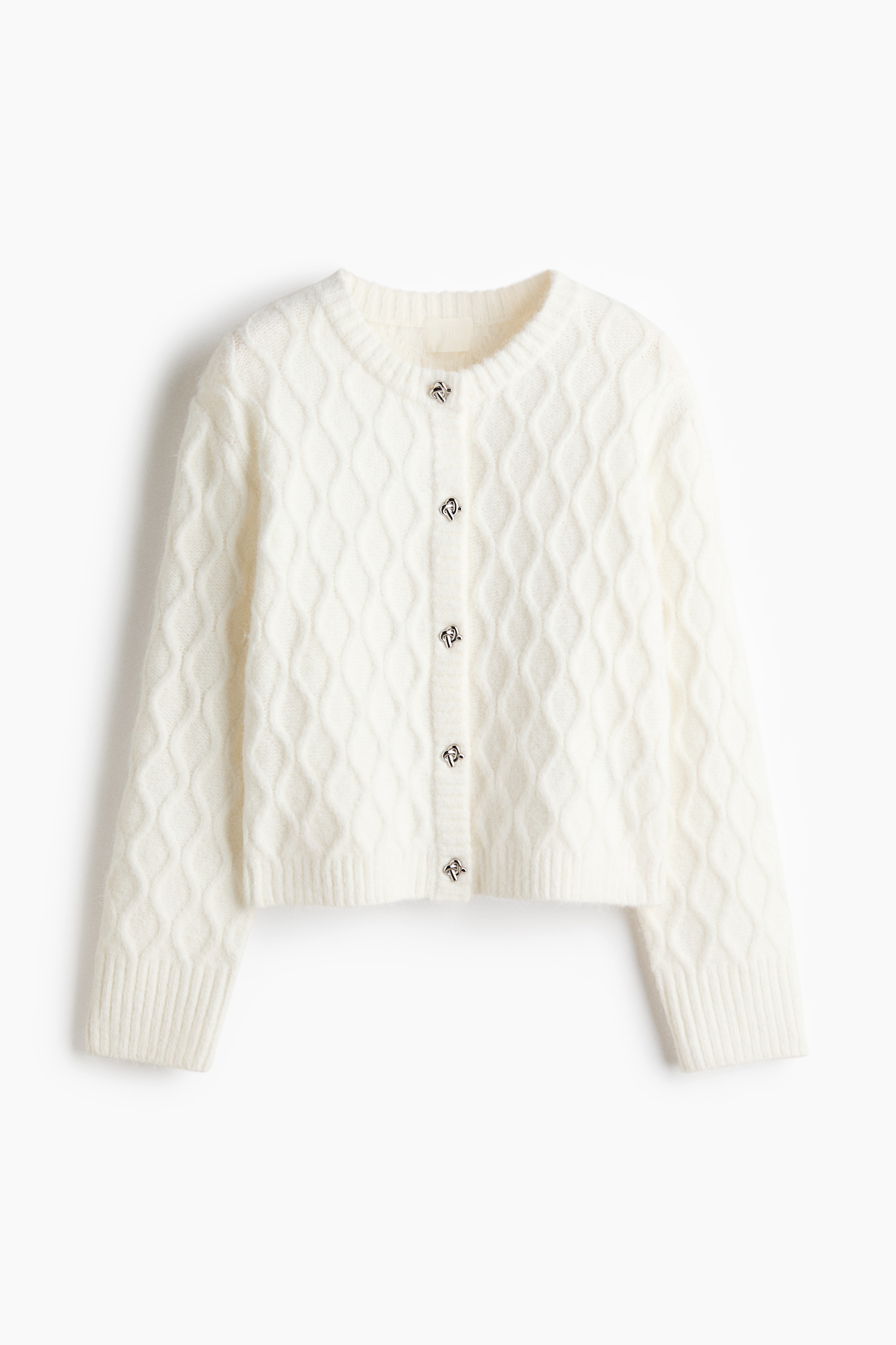 ケーブルニットカーディガン - ホワイト/グレーメランジ/ベージュ