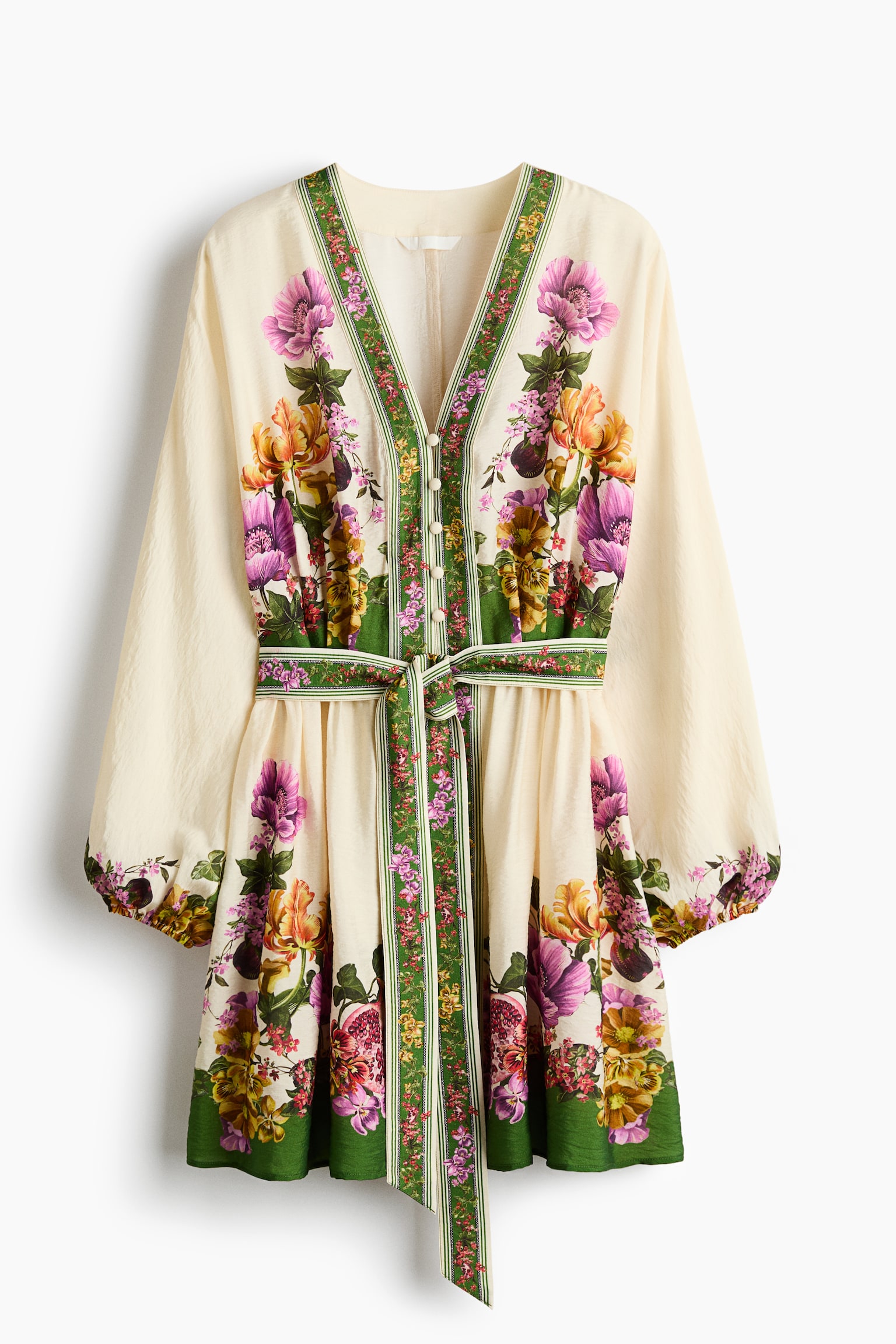 Vestido túnica com cinto de atar - Bege claro/Floral - 1