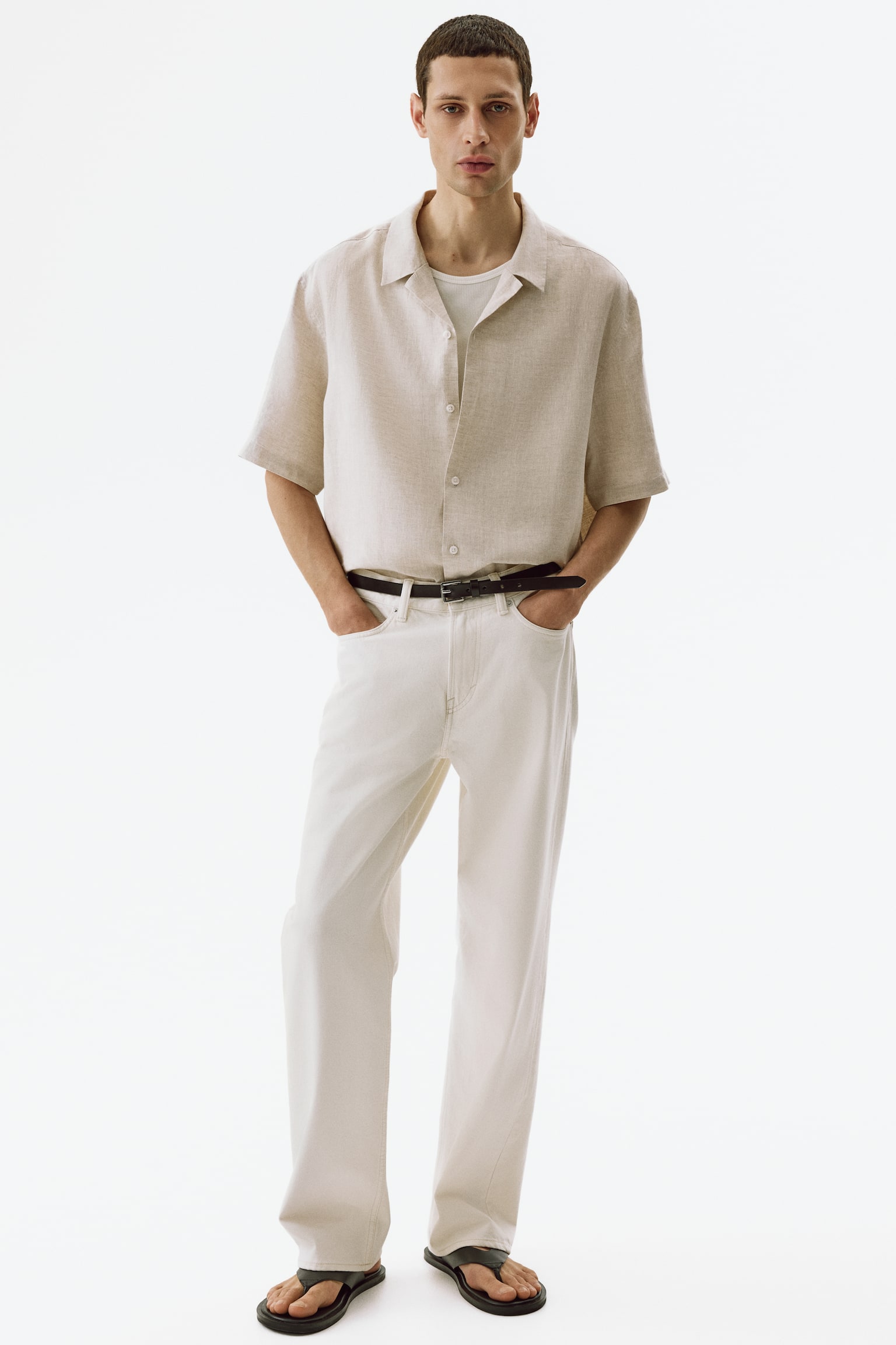 Мужская рубашка H&M Relaxed-Fit Linen Resort, цвет: Светлый бежевый — фото 3