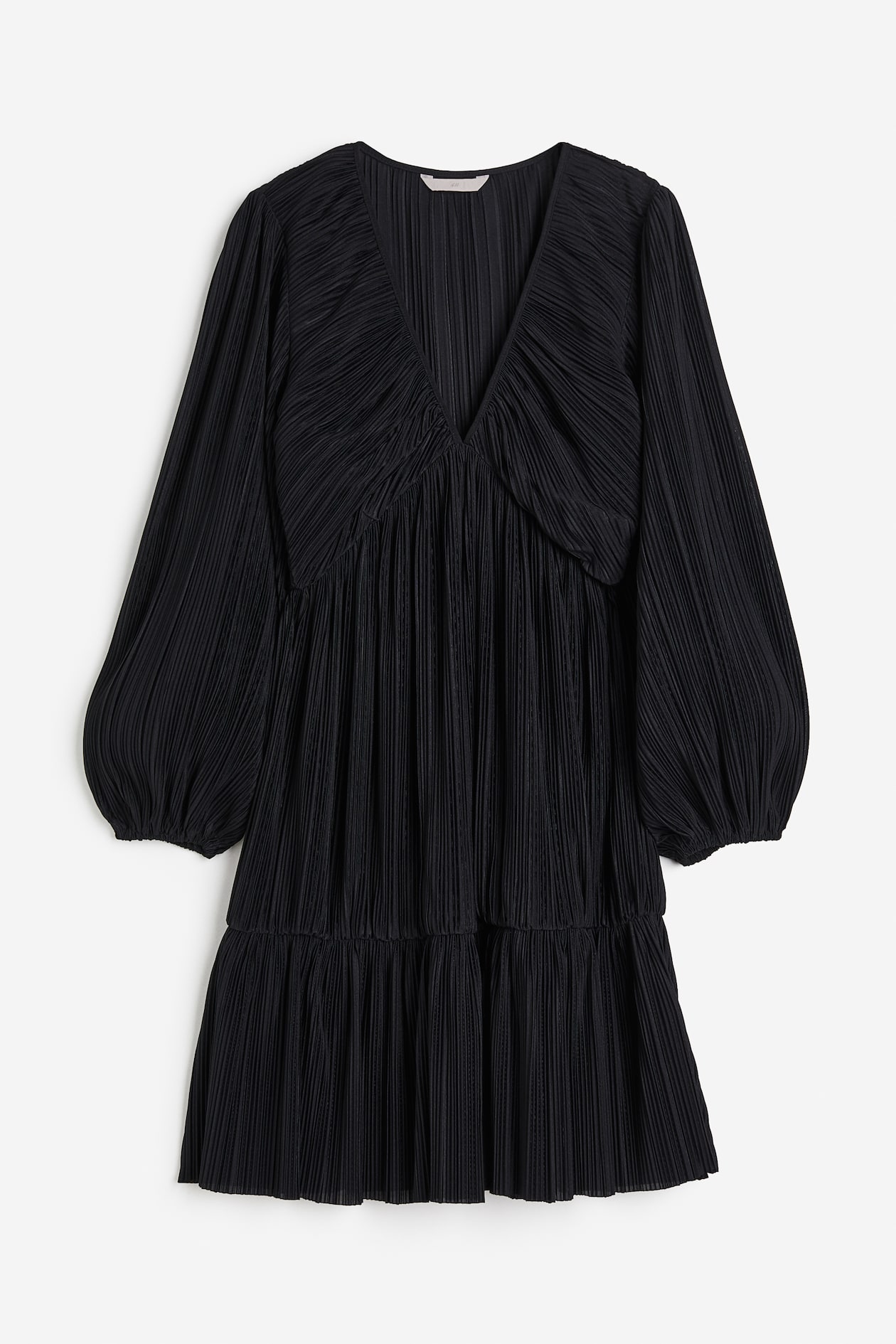 Pleated jersey dress - Deep-plunge neckline - Long sleeve - Black  