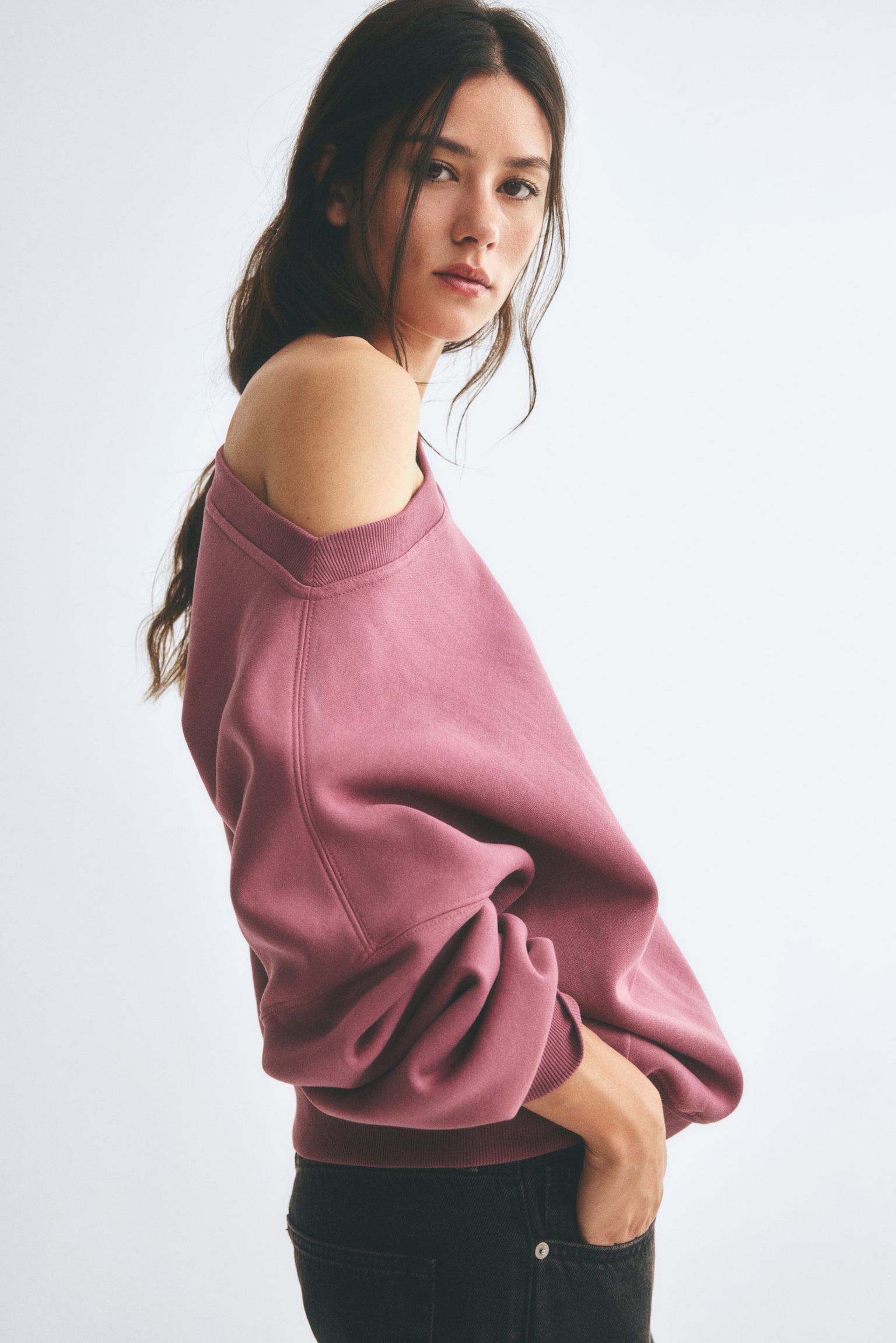 Женский свитшот H&M Off-the-Shoulder, цвет: Тёмный пыльный розовый — фото 5