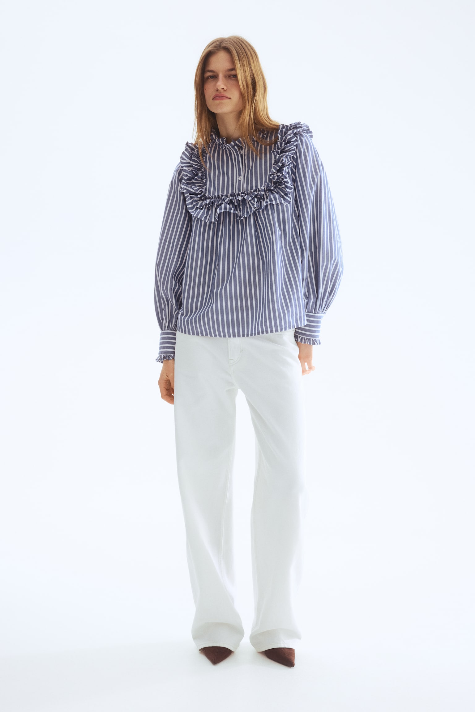 Frill-trimmed cotton blouse - Blue/Striped - 5
