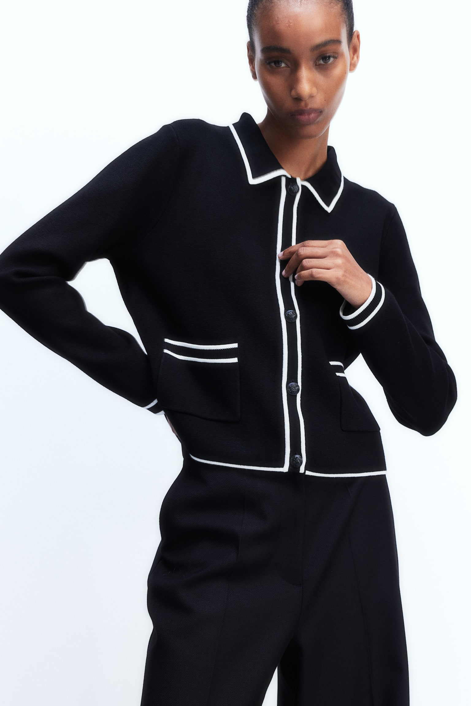 Collared cardigan - Black - 4