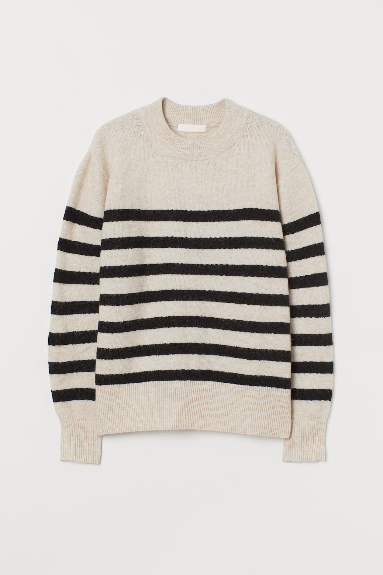 Fine-knit Sweater - Round Neck - Long sleeve - Beige melange/black ...