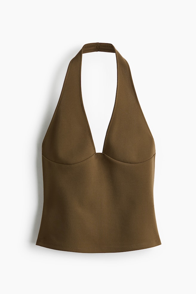 An olive green halter top is displaying its front, featuring a deep V-neckline and structured bust cups, and extending to a straight hem. - 1
