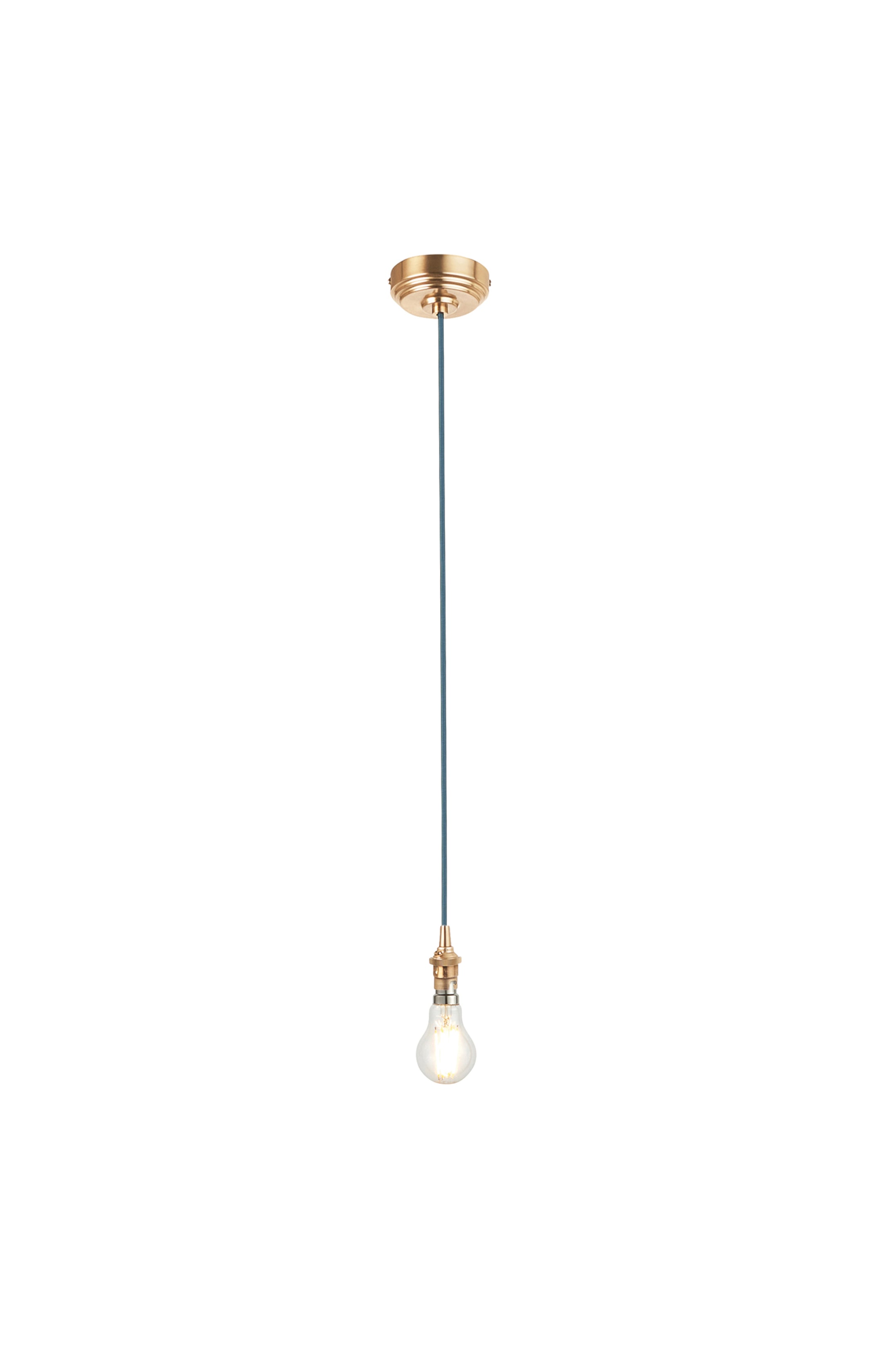 View larger image: A pendant light is hanging vertically, featuring a brass-coloured ceiling rose. A blue fabric-wrapped cord extends downwards, holding a brass lamp holder with a clear, glowing light bulb.