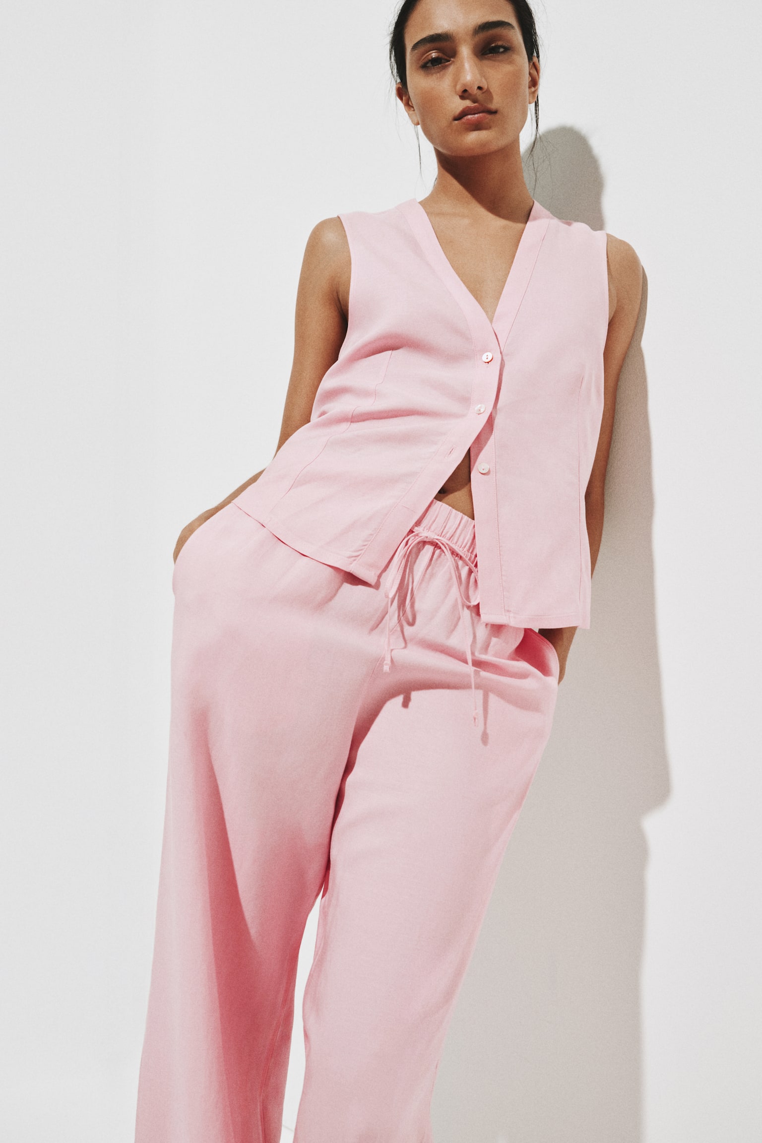 Pantalón en mezcla de lino - Rosa claro/Café/Rojo vivo/Blanco/Franjas/Azul marino/Amarillo claro - 5