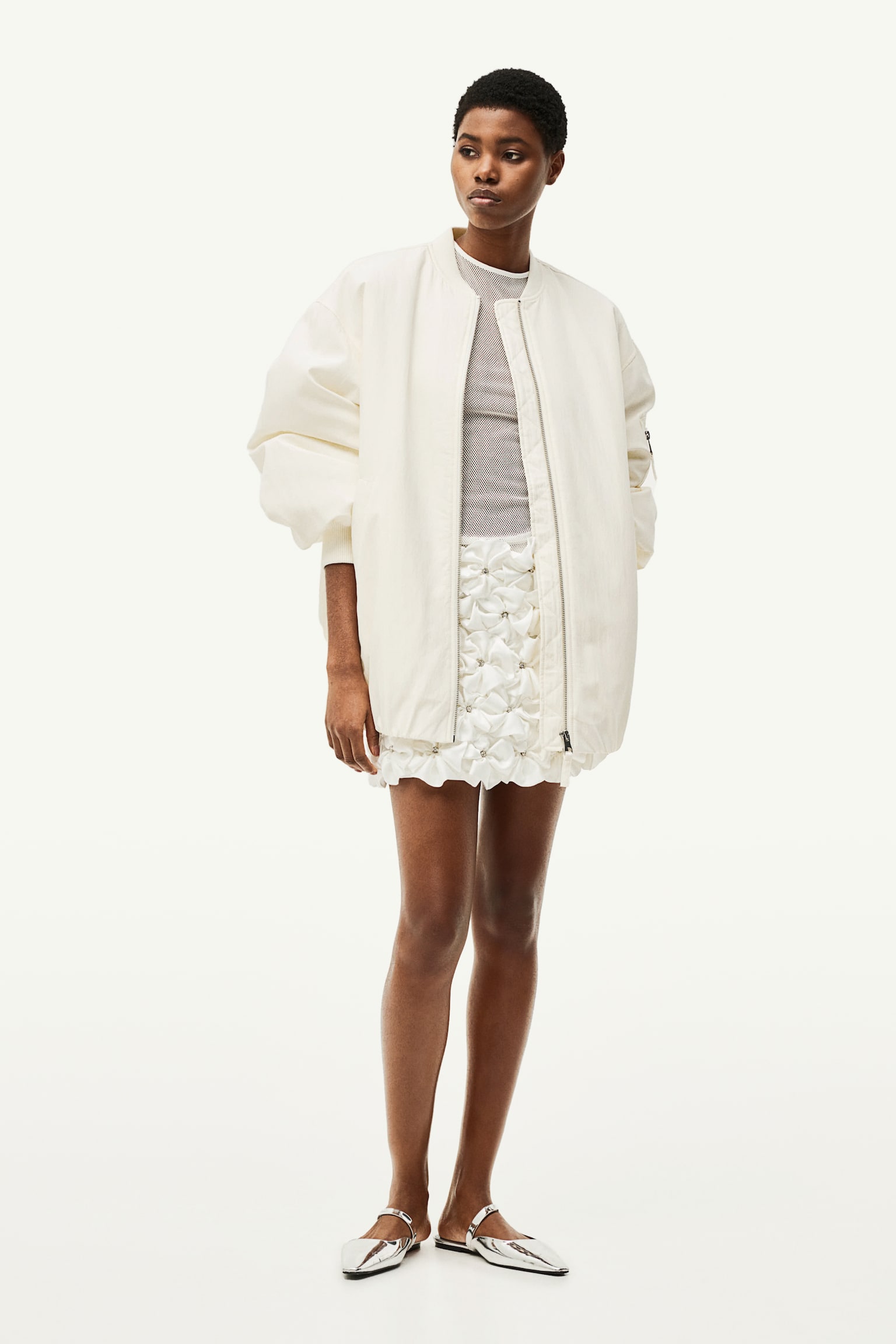 Oversized Bomber Jacket - Cream - 1