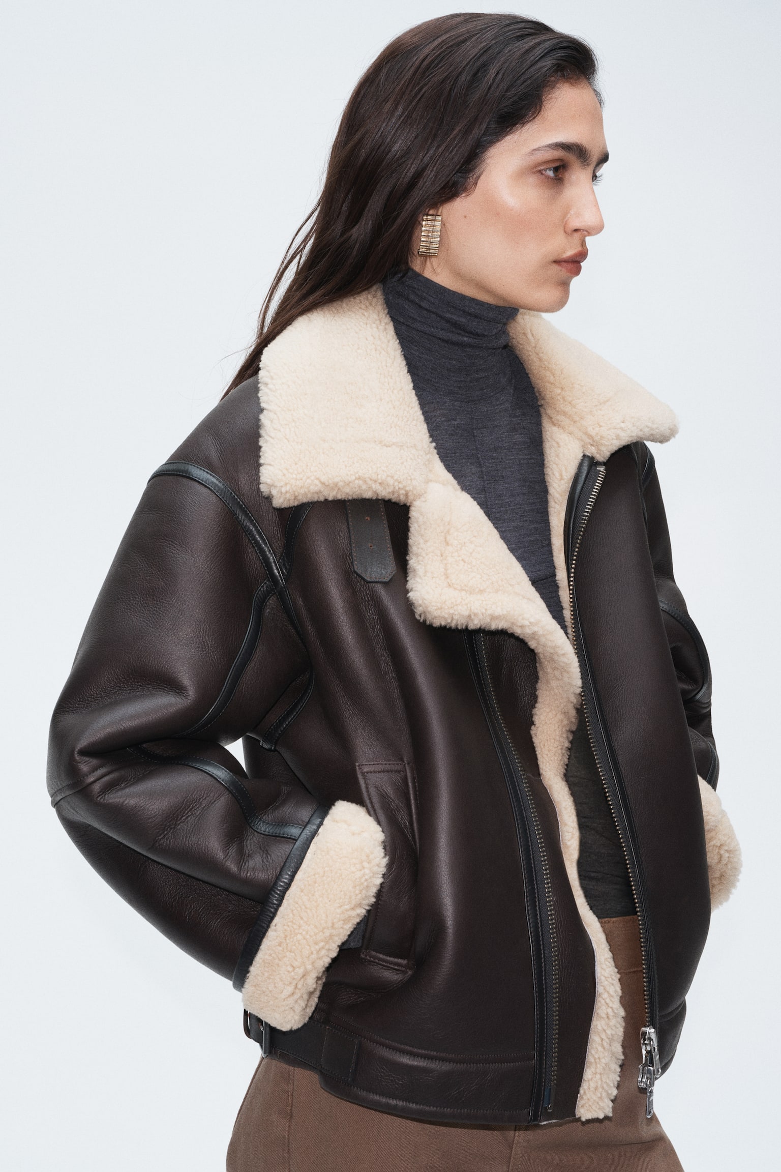 Leather shearling jacket - Dark brown - 1