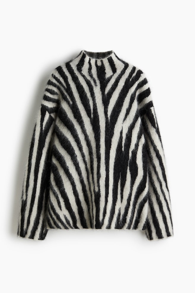 Pull en mohair mélangé avec col cheminée - Blanc/motif zébré - 1