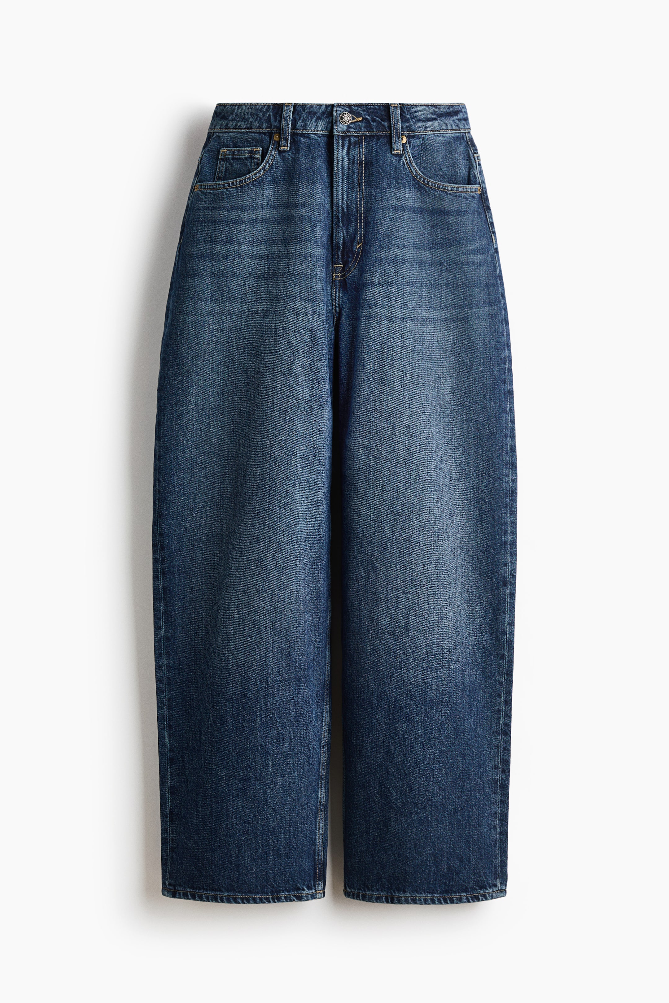 View larger image: These jeans showcase a dark blue denim wash with subtle fading on the thighs, featuring a wide-leg cut. They're designed with a high waist, a button and zipper fly, and two front pockets, including a coin pocket.
