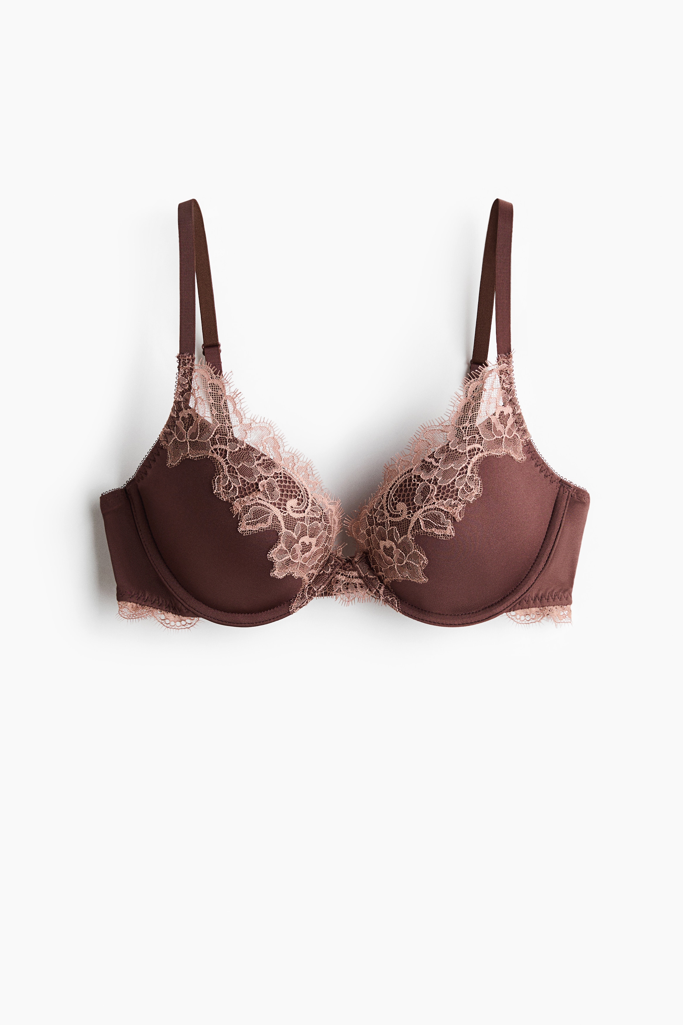 Microfibre and lace push-up bra - Dark brown/Dusty pink