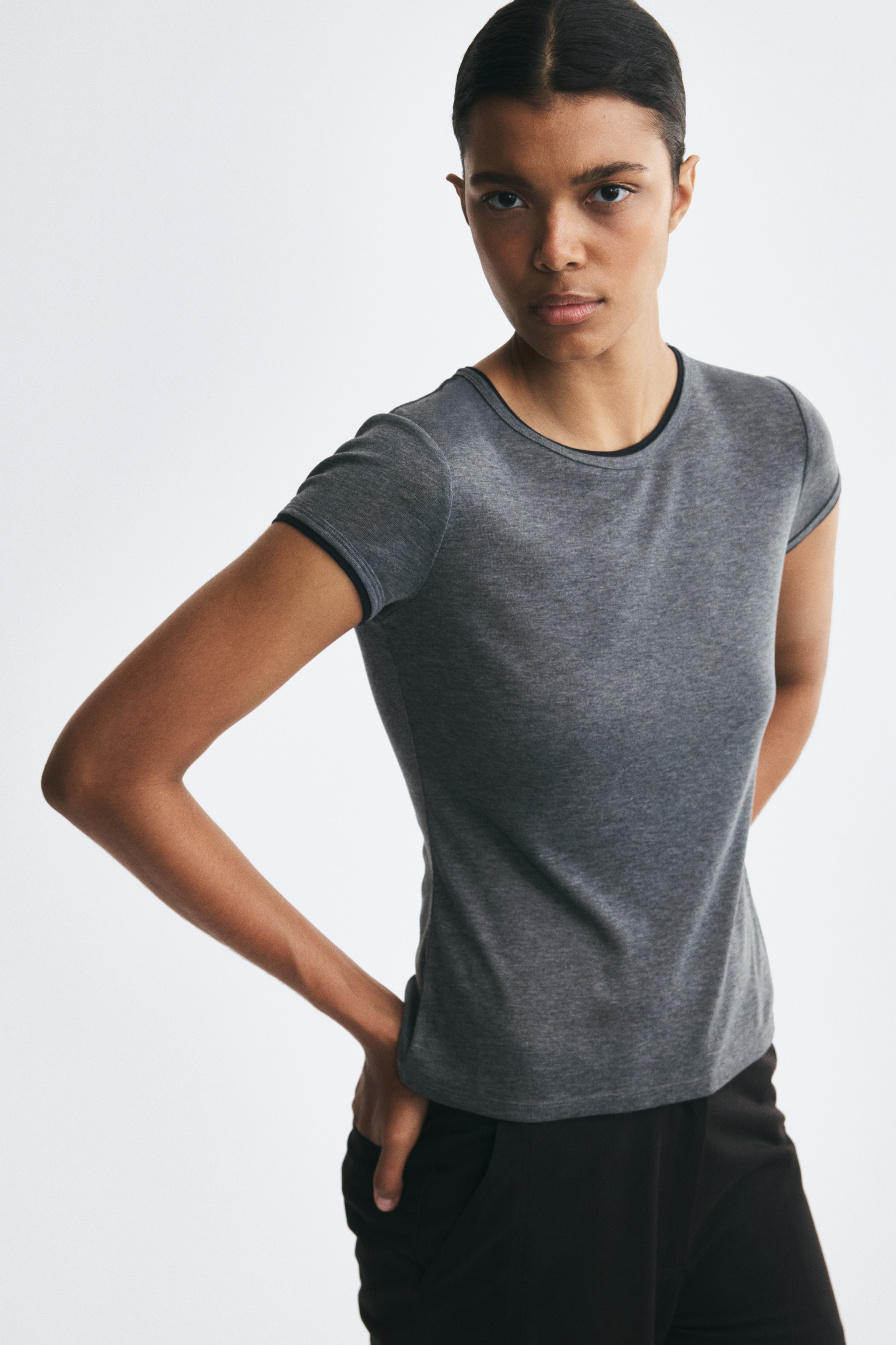 Layered T-shirt - Dark grey marl/Navy blue/Plum red