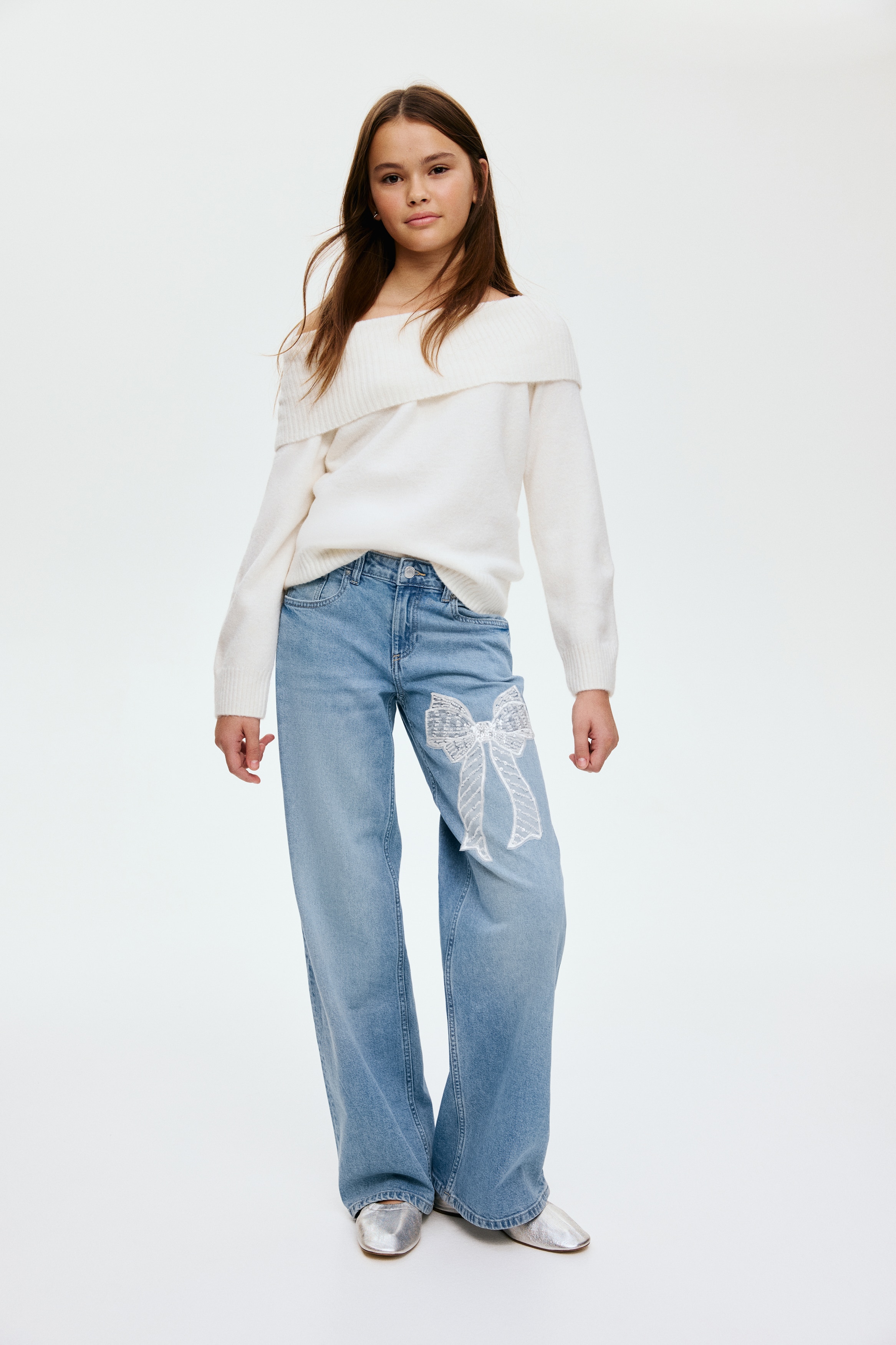 Relaxed Wide Leg Jeans - Denimblå/Sløyfe/Lys grå/Strass/Lys denimblå