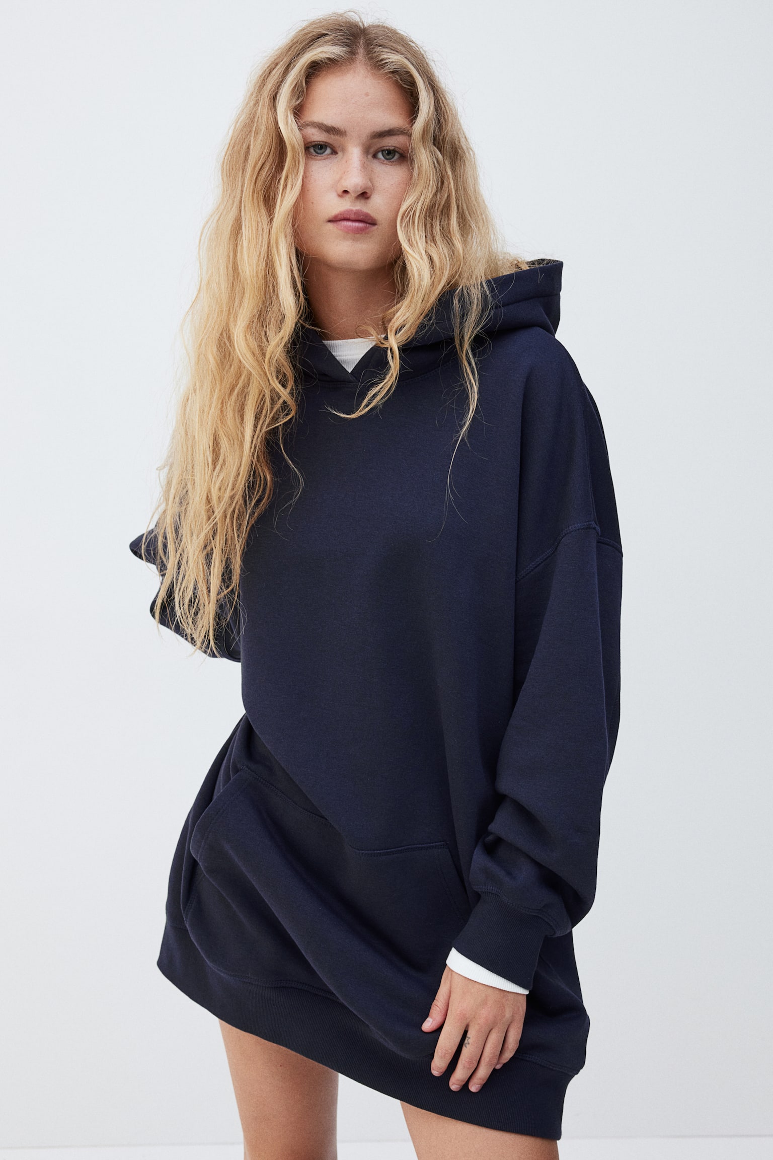 Hooded cotton dress - Navy blue/Dark brown/Black/Light grey marl - 5