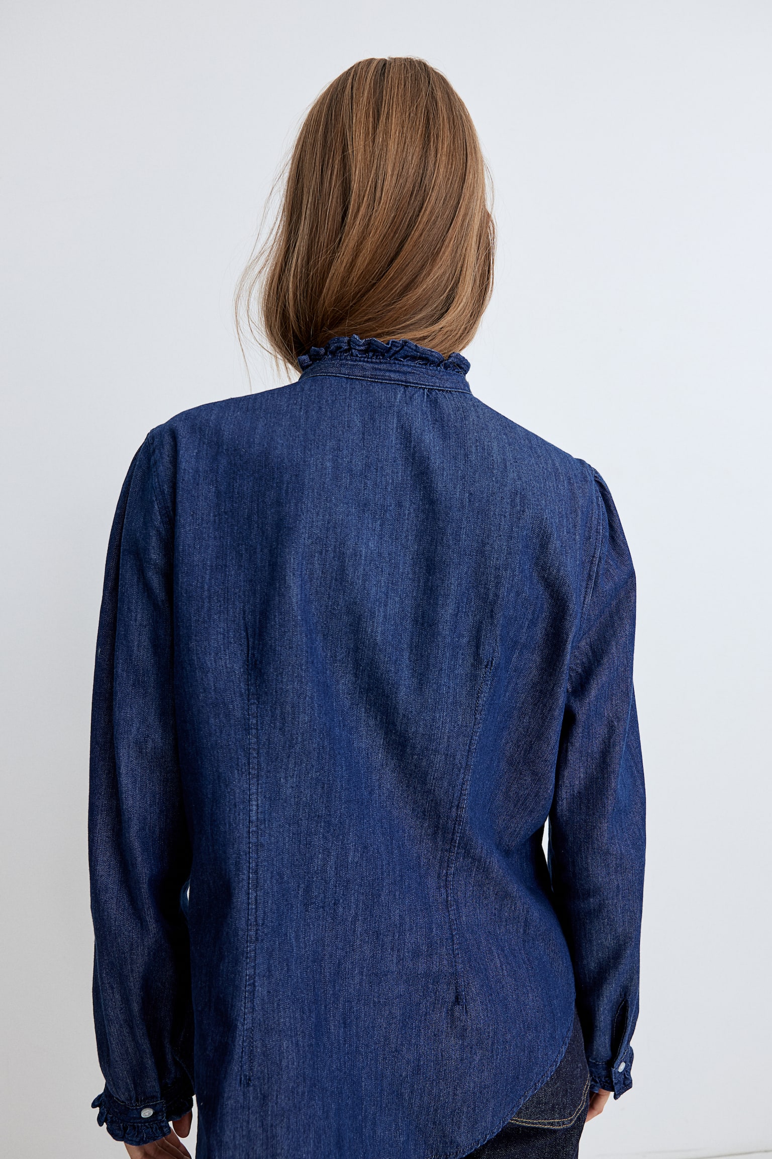 Frill-trimmed denim blouse - Dark denim blue/Light denim blue - 6