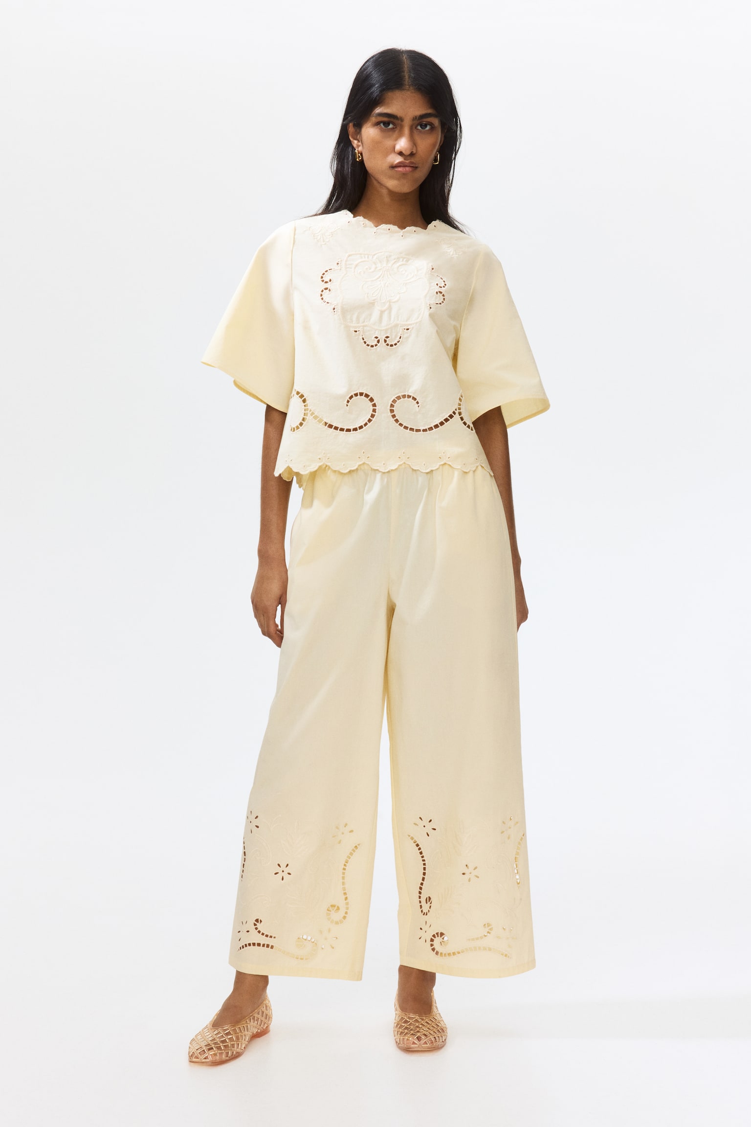 Broderie anglaise cotton trousers - Pale yellow - 1