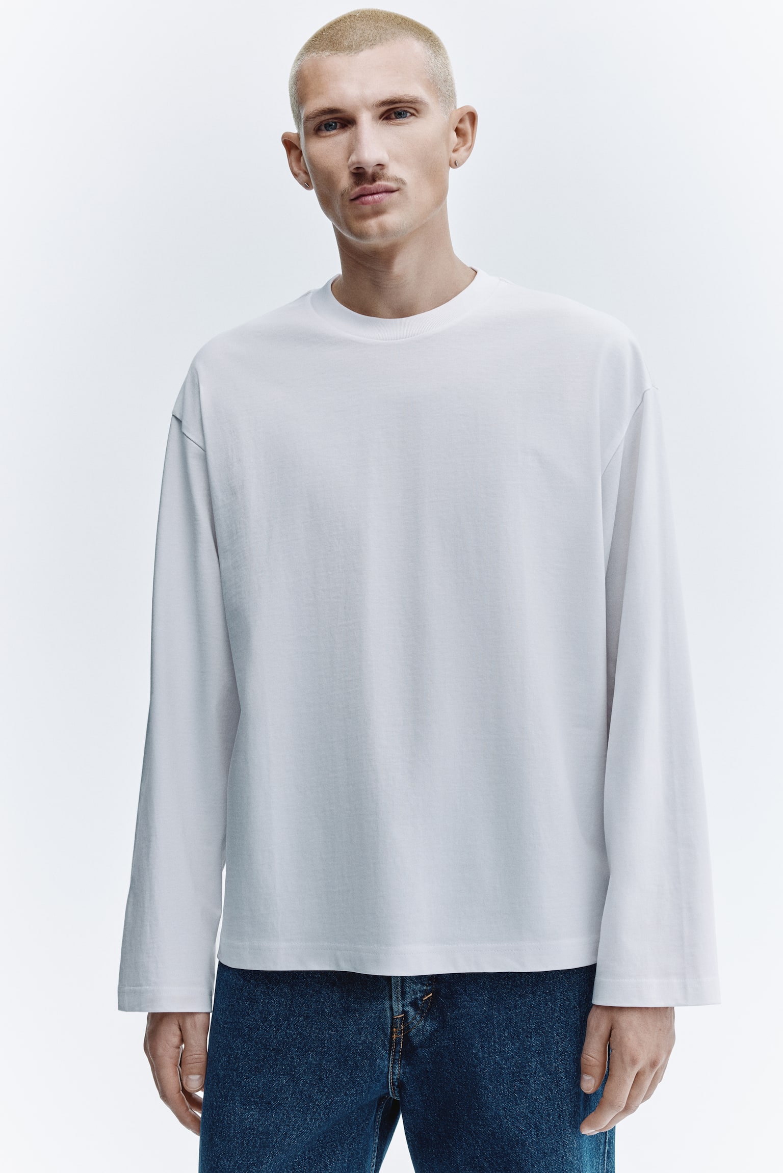 Oversized Fit Long-sleeved jersey top - White/Black/Grey melange/White - 1