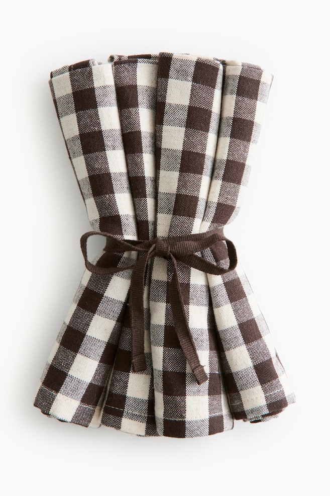 Bavlněný ubrousek 4 kusy - Tmavě hnědá/kostka gingham/Béžová/proužky/Tmavě hnědá/proužky/Béžová/kostka gingham/Zelená/kostka gingham/Světle růžová/proužky - 1