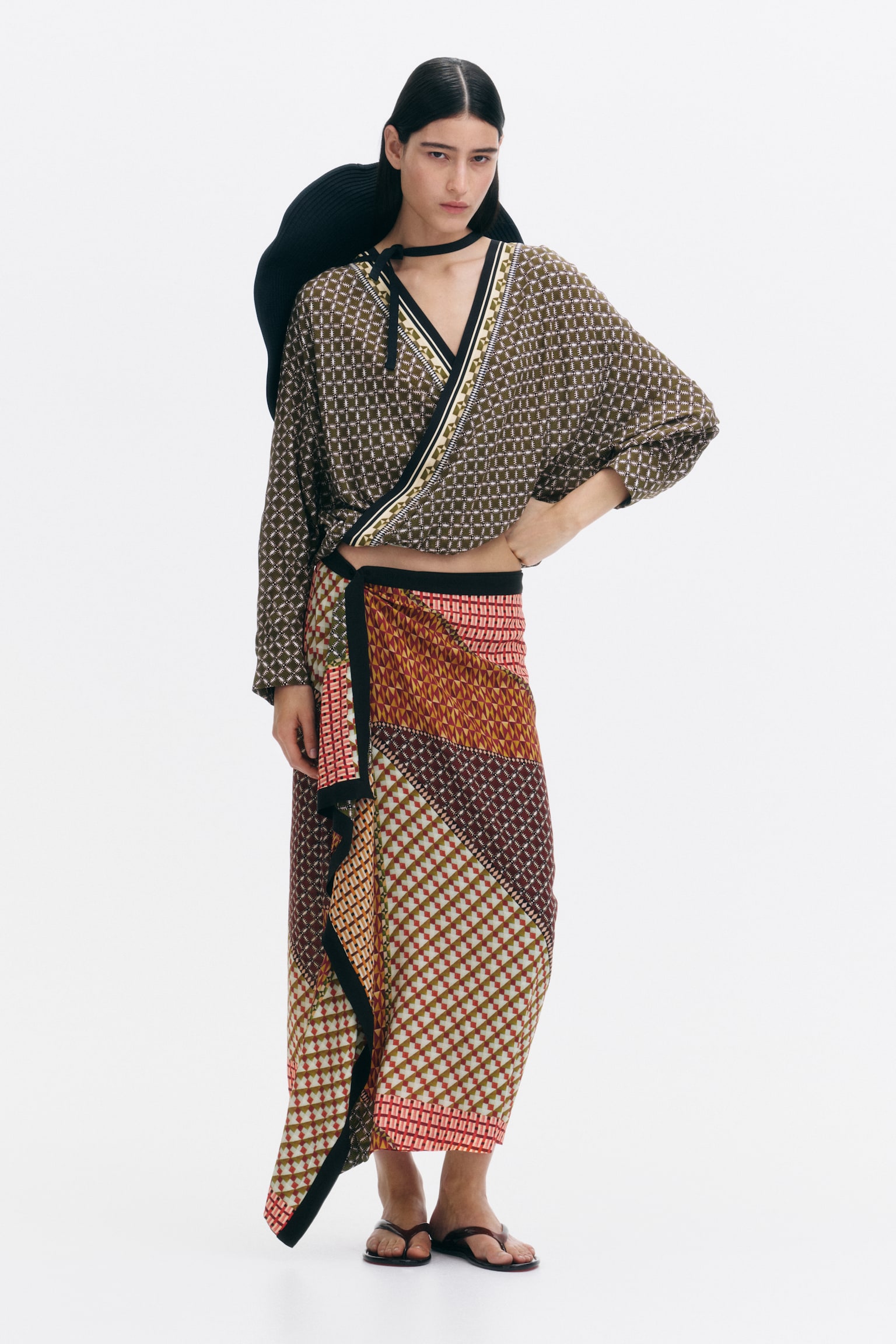 Draped-Panel Wrap Skirt - Burgundy/orange - 1