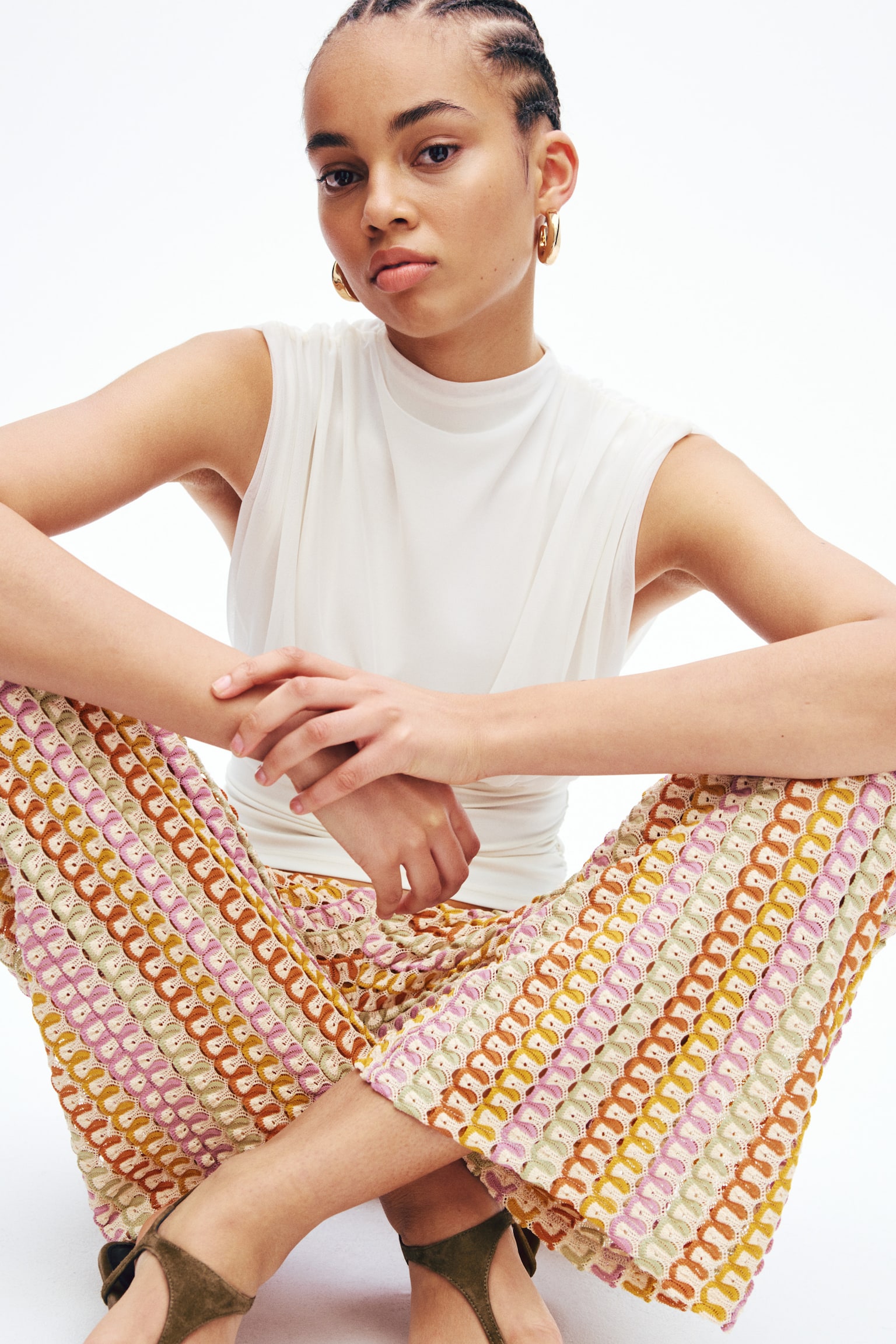 Crochet-look trousers - Light beige/Purple/Green - 5